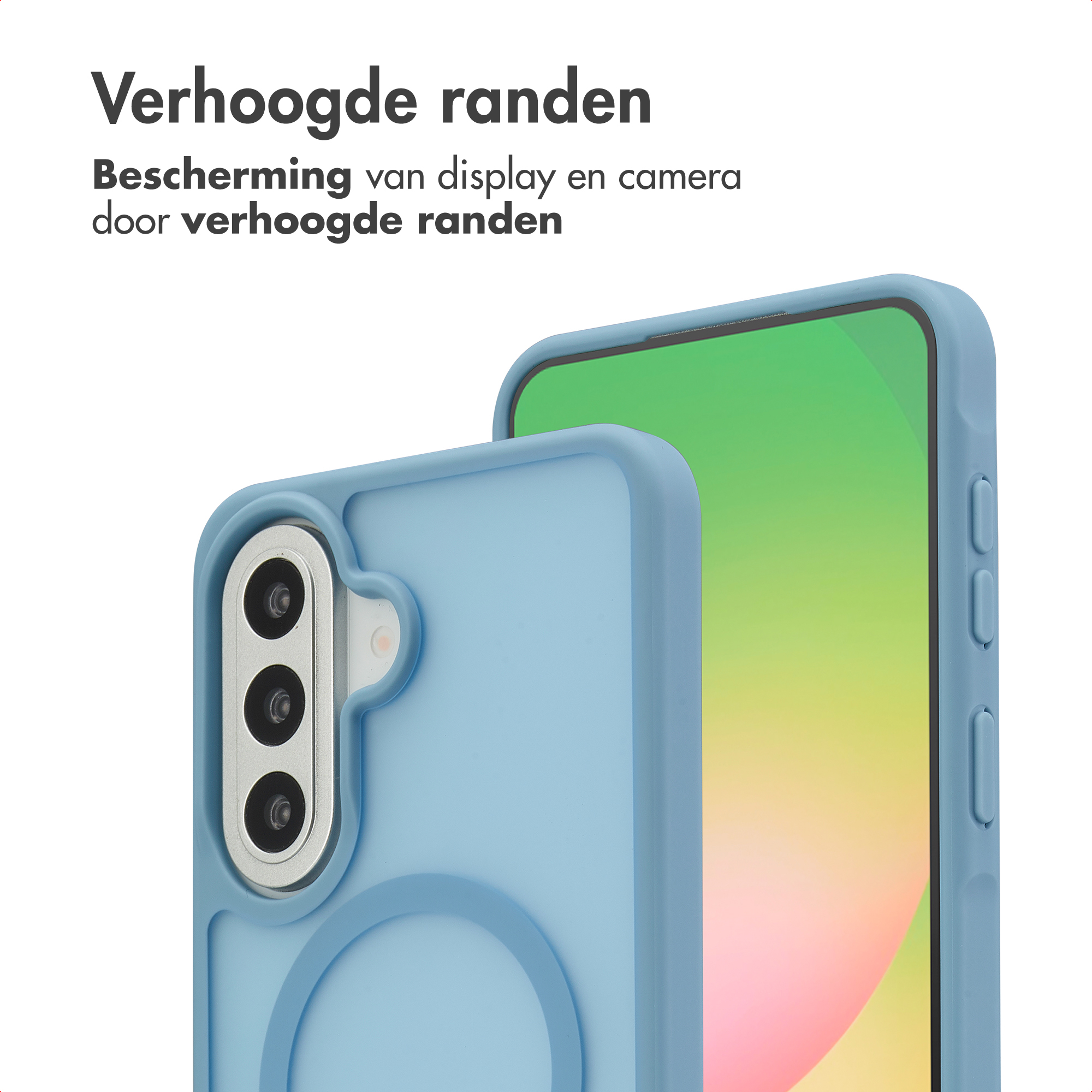 Achterkant van een blauwe telefoonhoes met camera-uitsparing en scherm.