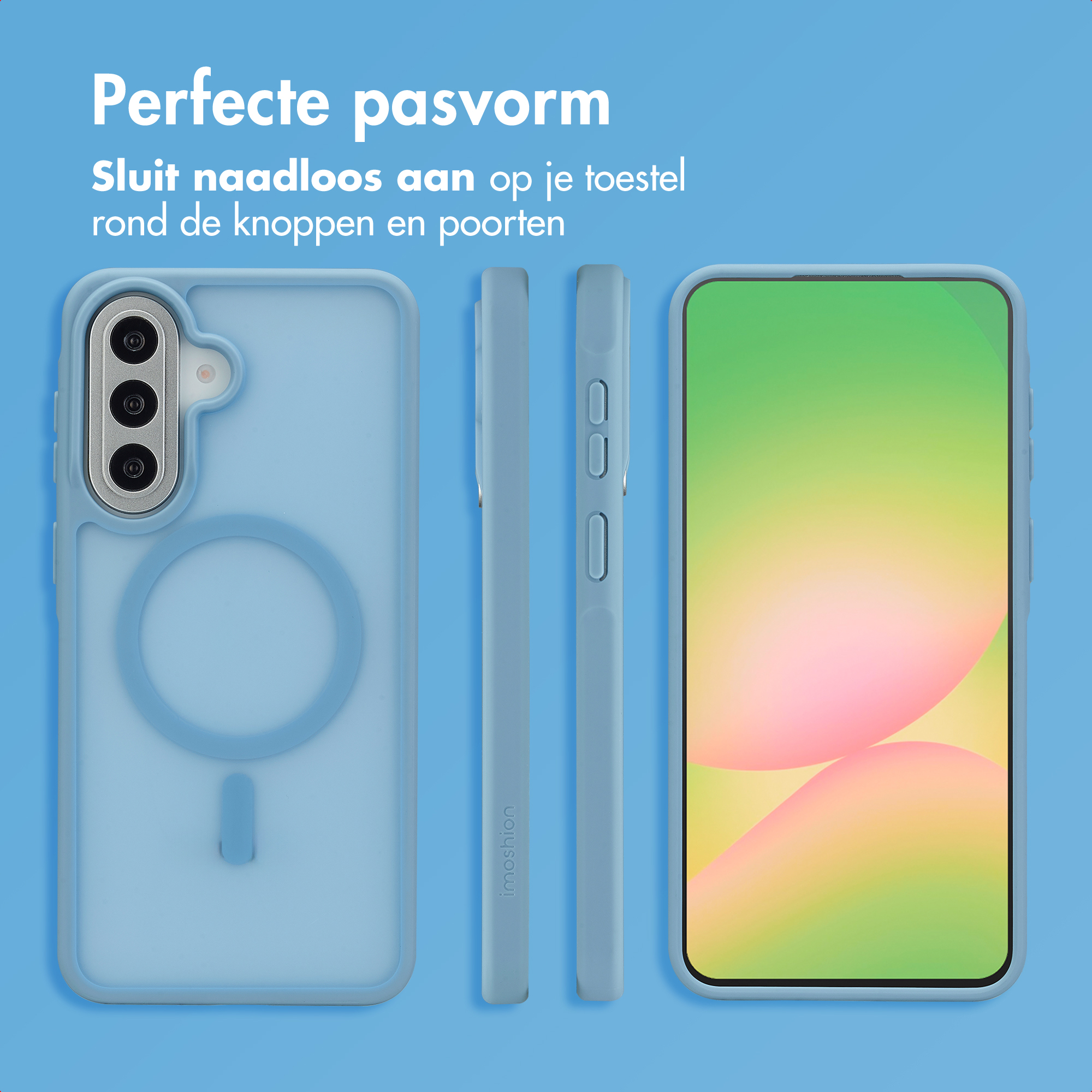Een blauwe telefoonhoes en telefoonweergaven op blauwe achtergrond.