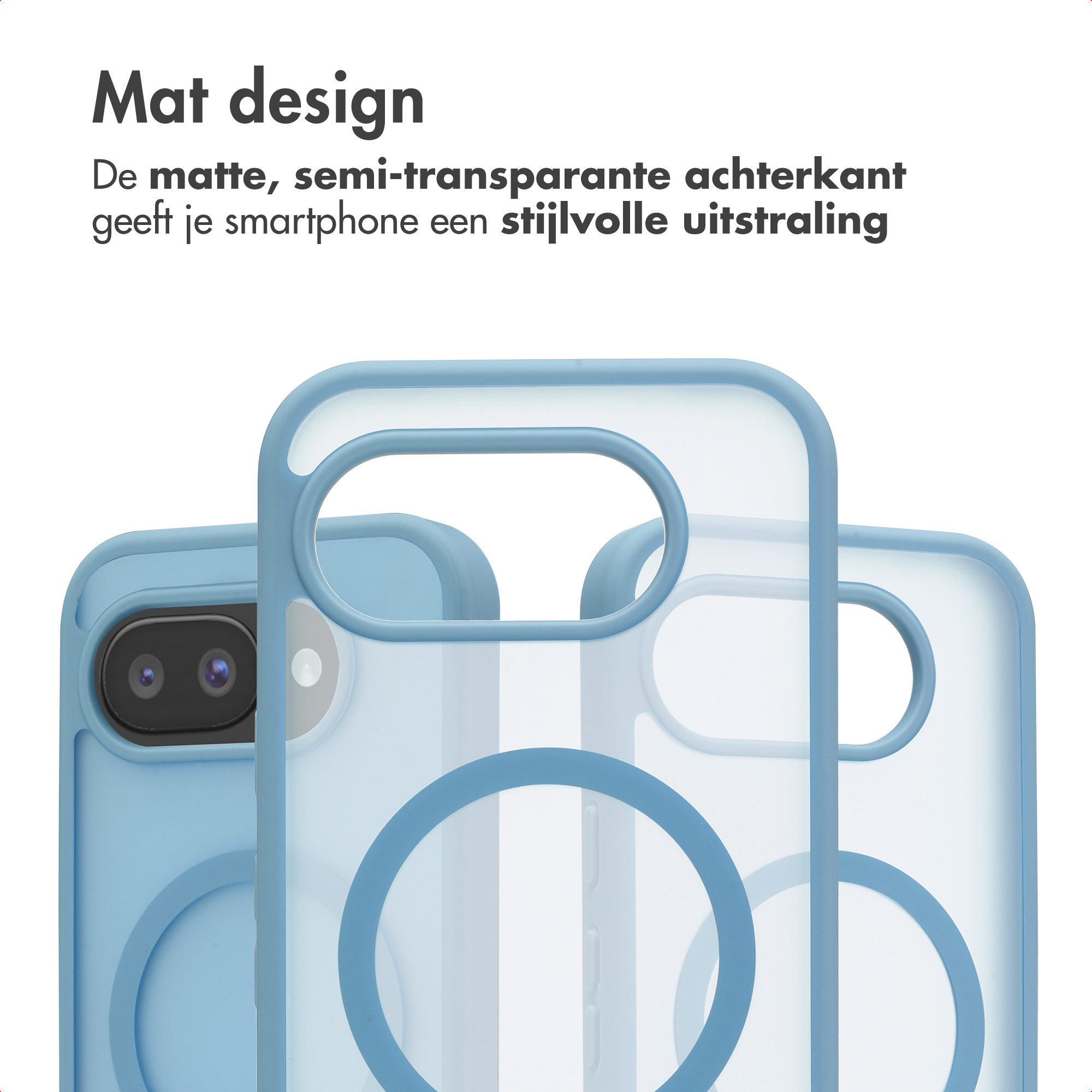 Coques de téléphone mates et semi-transparentes avec accents bleus.