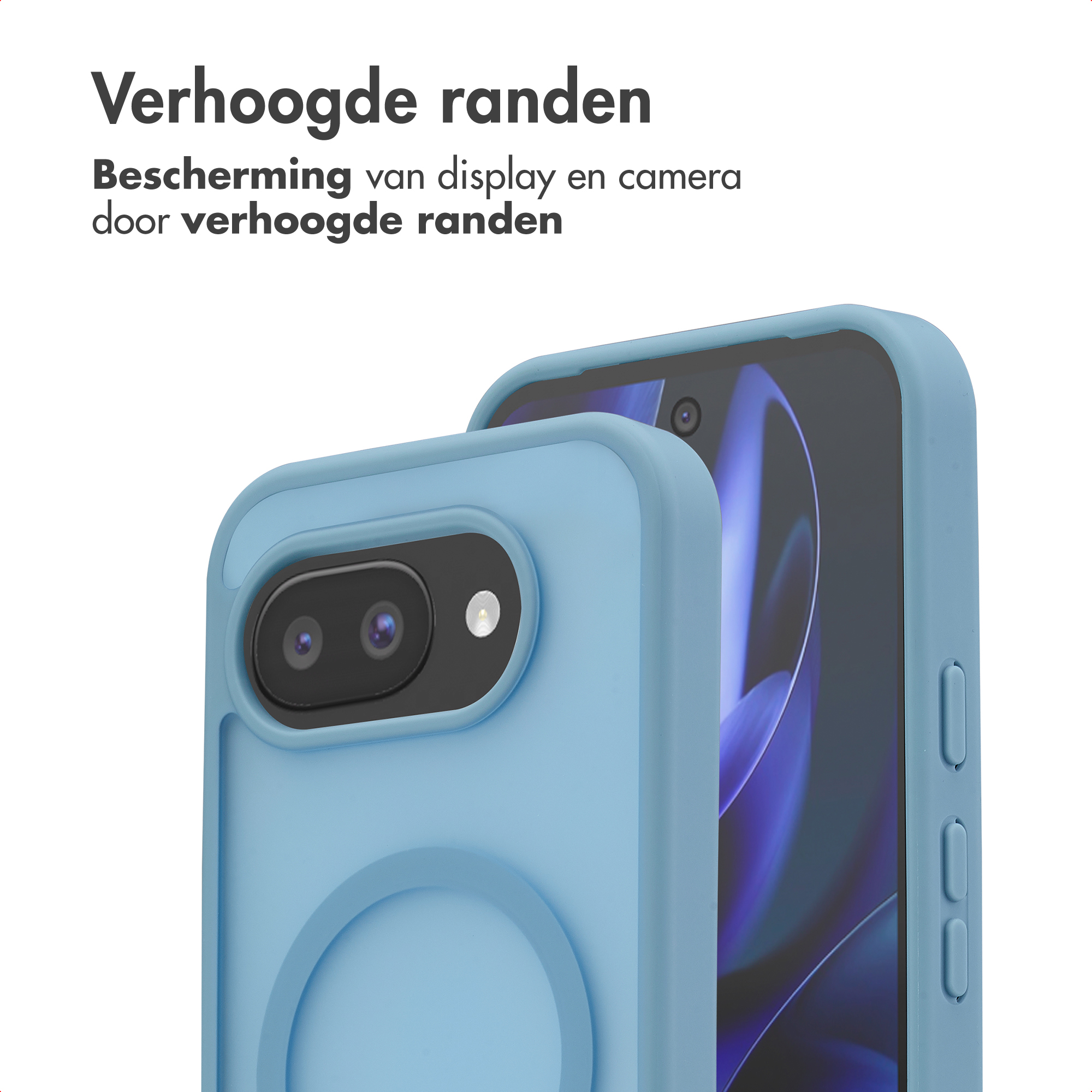 Coque de téléphone bleue avec bords surélevés pour écran et appareil photo.