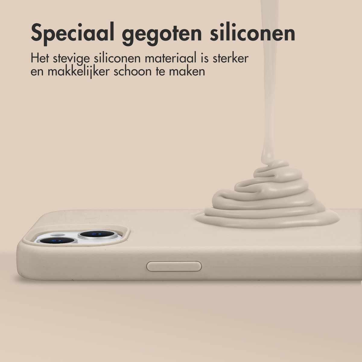 Vloeibare, licht beige siliconen die op een bijpassende telefoonhoes druipt.