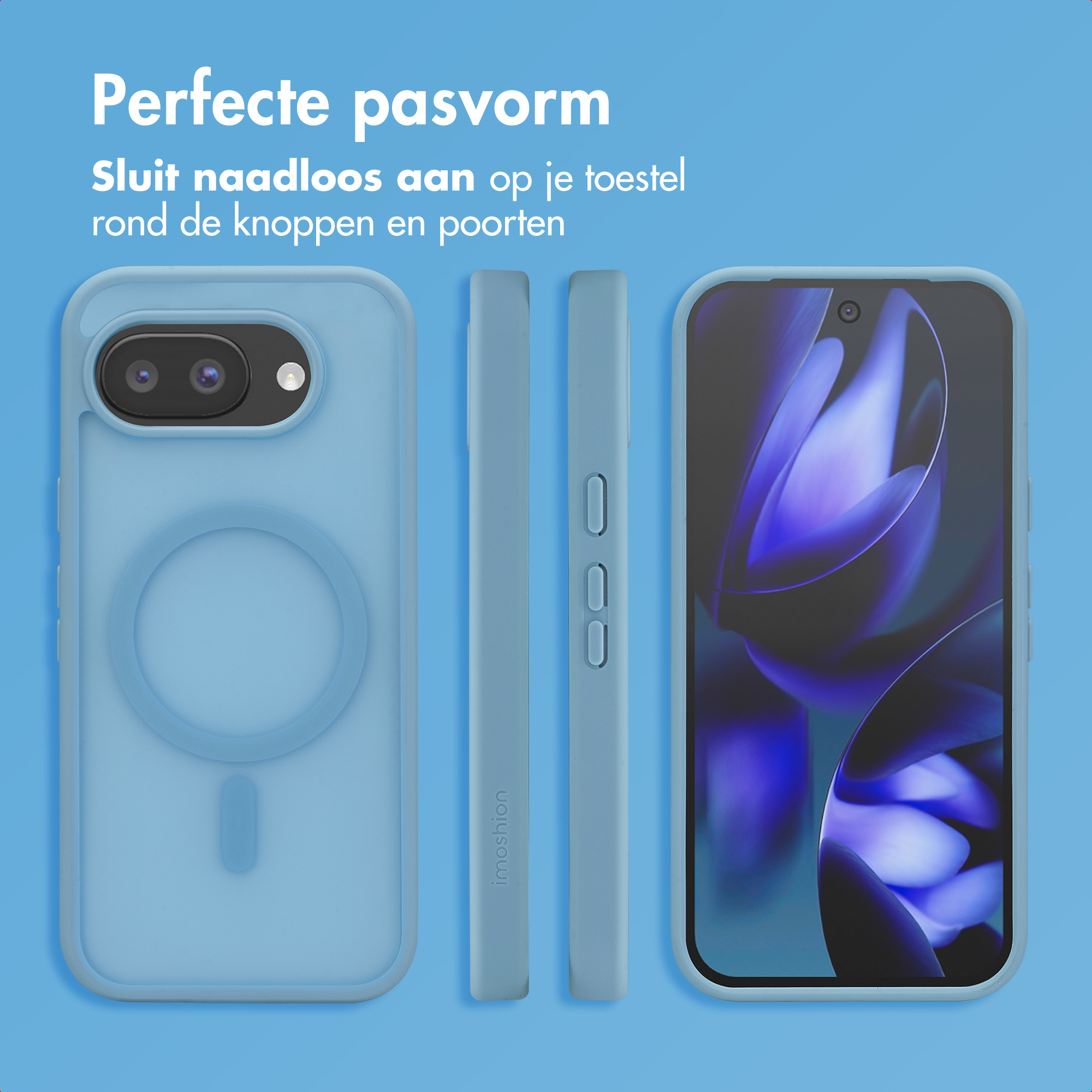 Coque de téléphone bleu clair en trois vues, soulignant son ajustement.