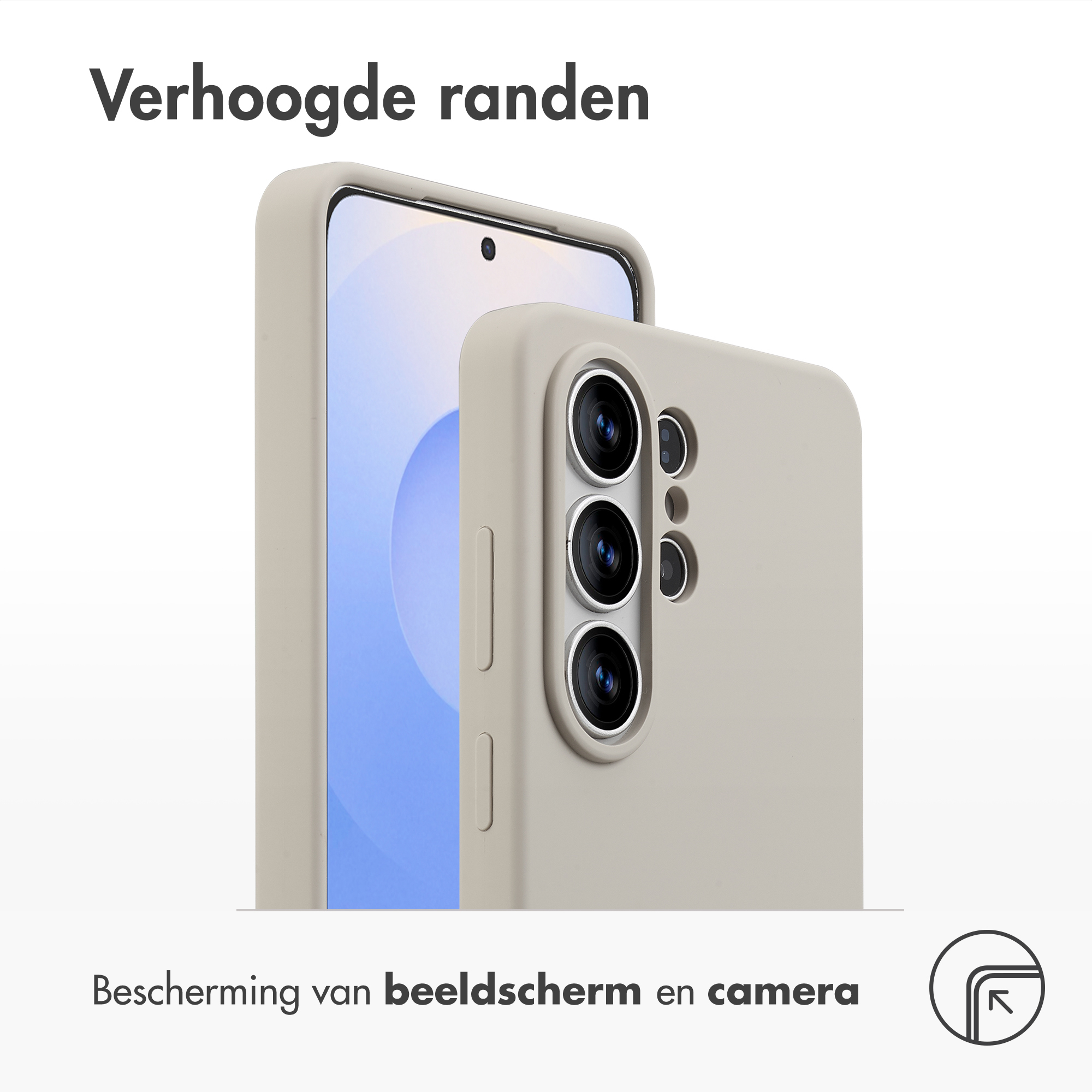 Een lichtgrijze telefoonhoes met drie camera's en verhoogde randen.