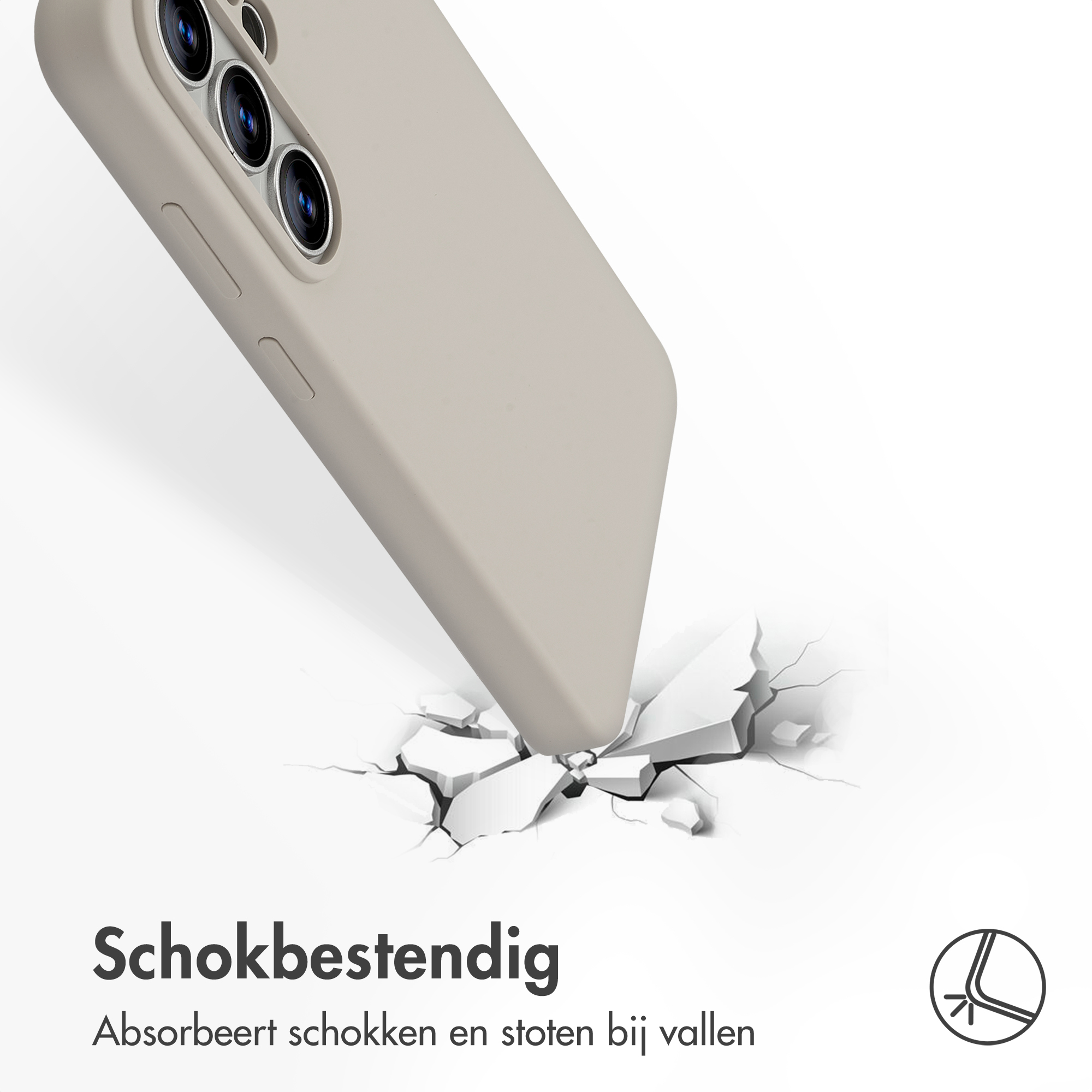 Een lichtgrijze telefoonhoes valt op een barstend oppervlak.