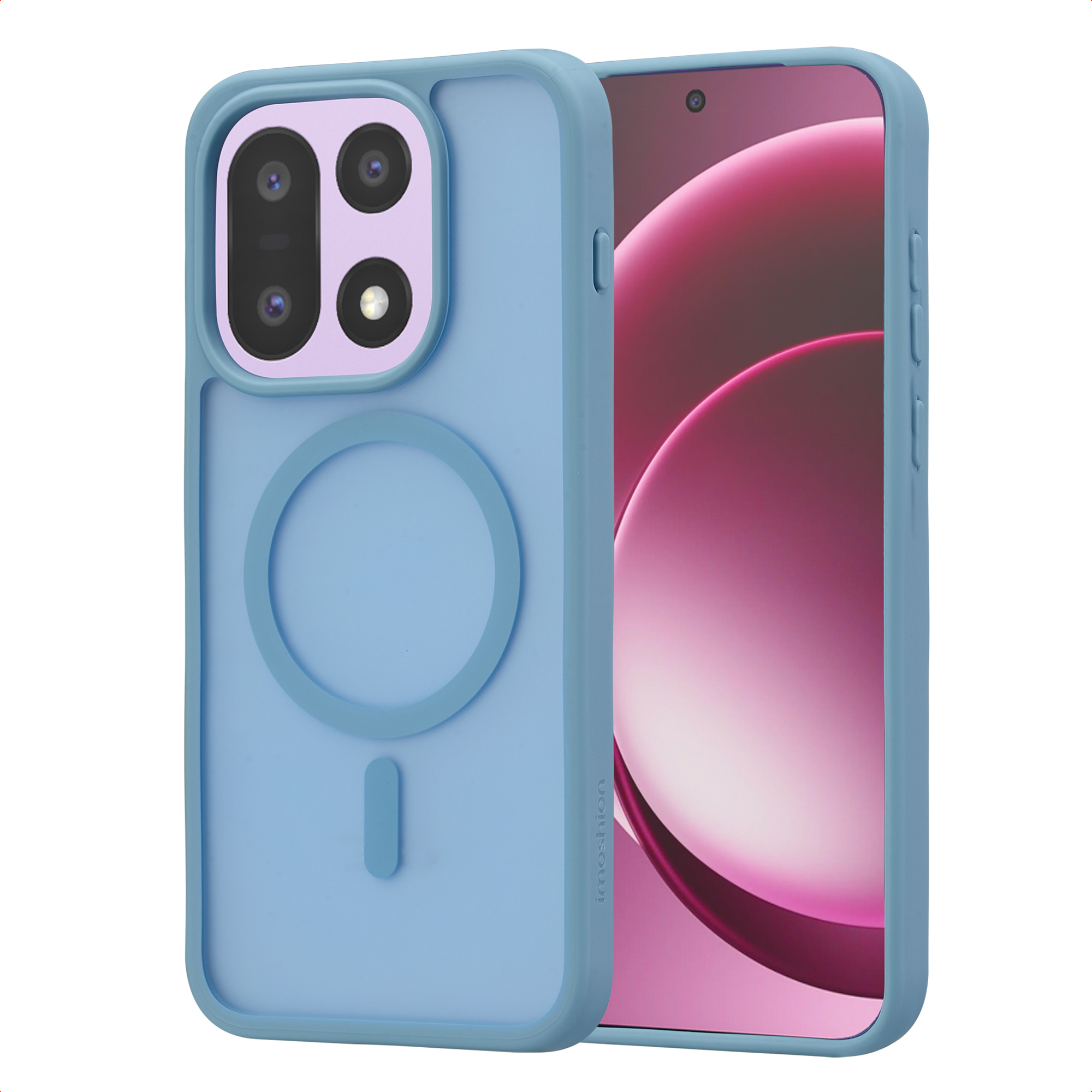 Een blauwe telefoonhoes met cameralens en een ronde magneetring.