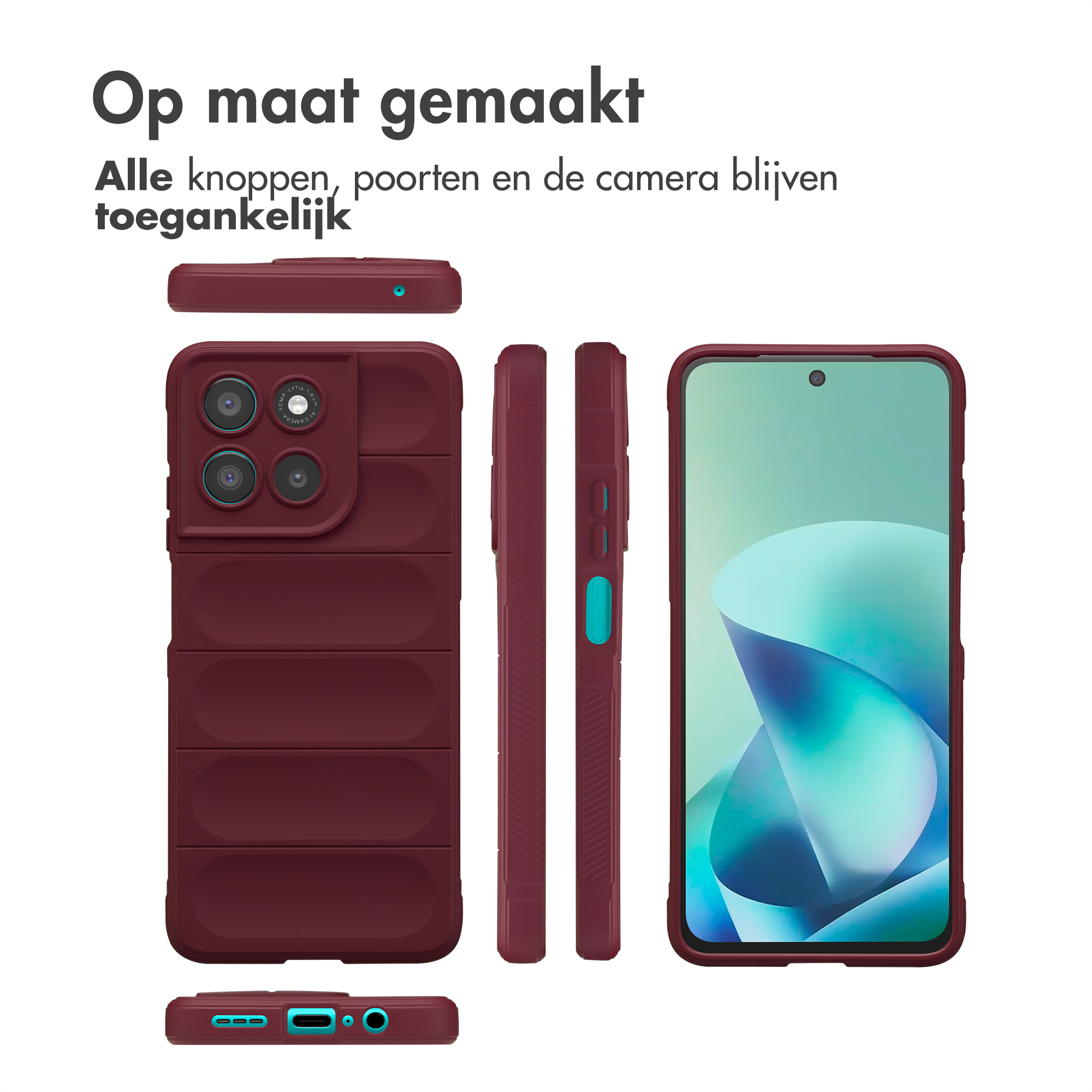 Een donkerrode telefoonhoes set getoond vanuit meerdere hoeken met telefoon.