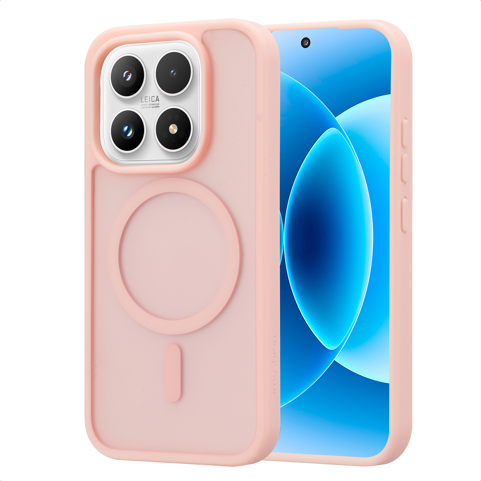 Une coque de téléphone rose avec quatre caméras et un téléphone fond bleu.