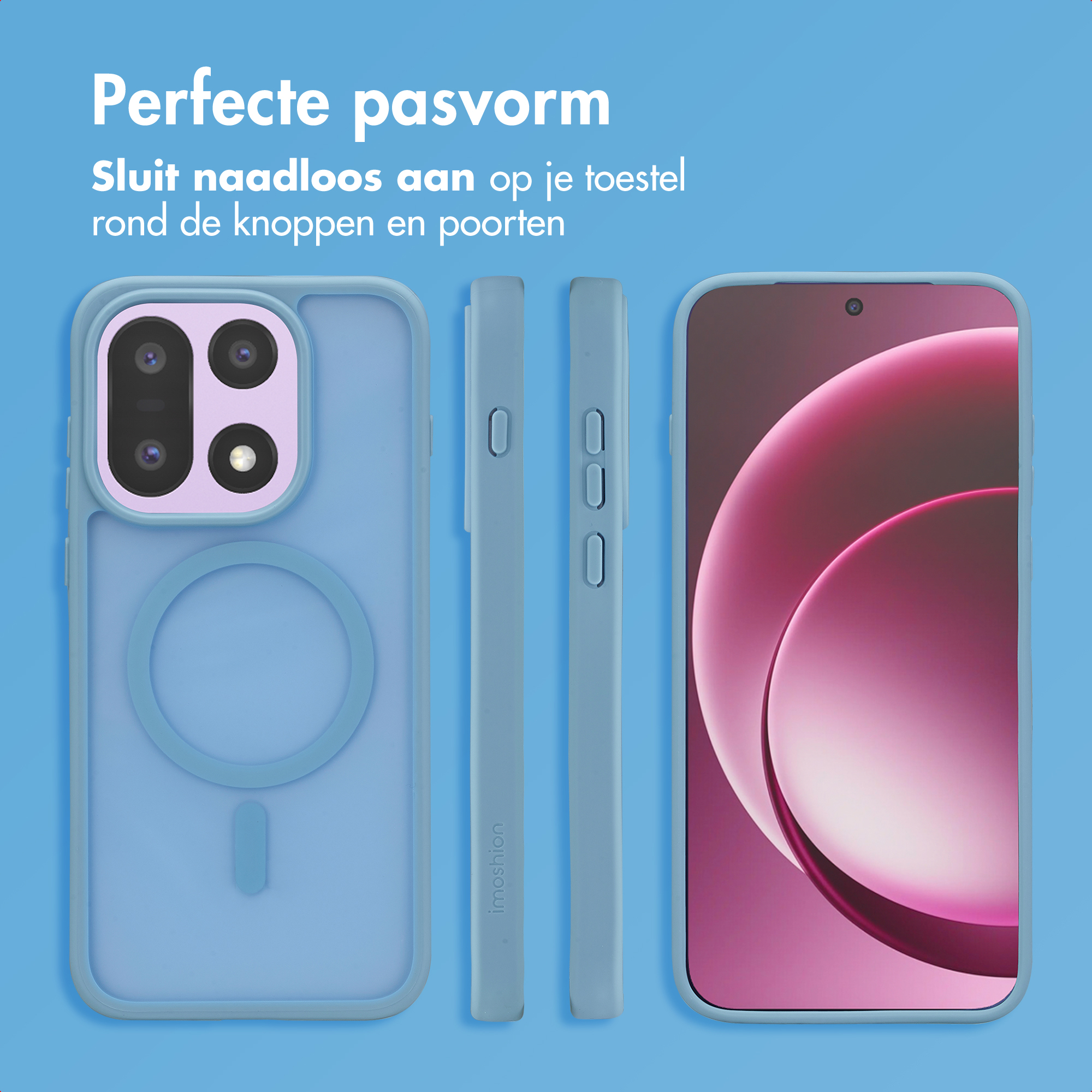Blauw telefoonhoesje met camerauitsparing, zijaanzicht en telefoonscherm.