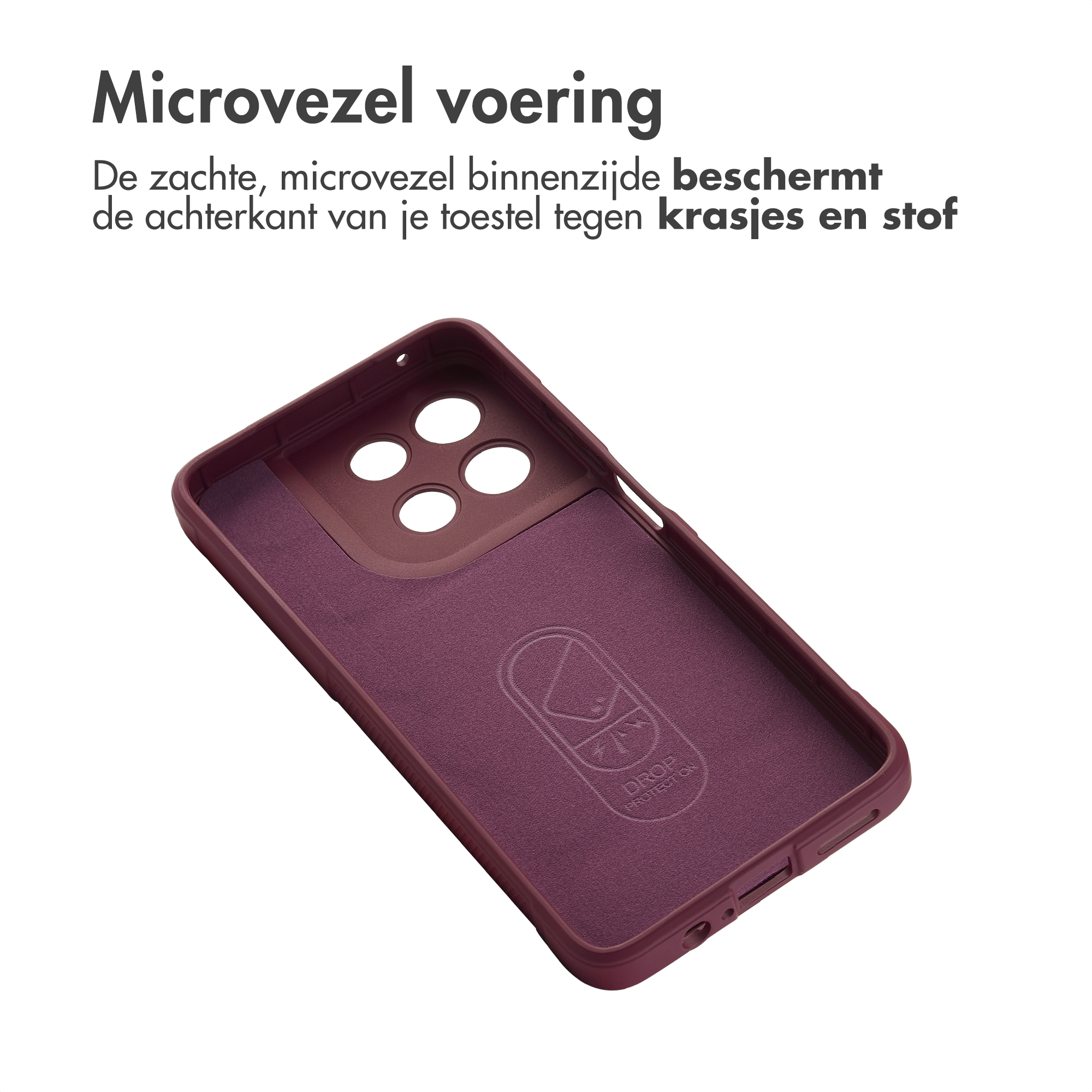 Bordeauxrode telefoonhoes binnenzijde met microvezelvoering en "Drop Protection" logo.