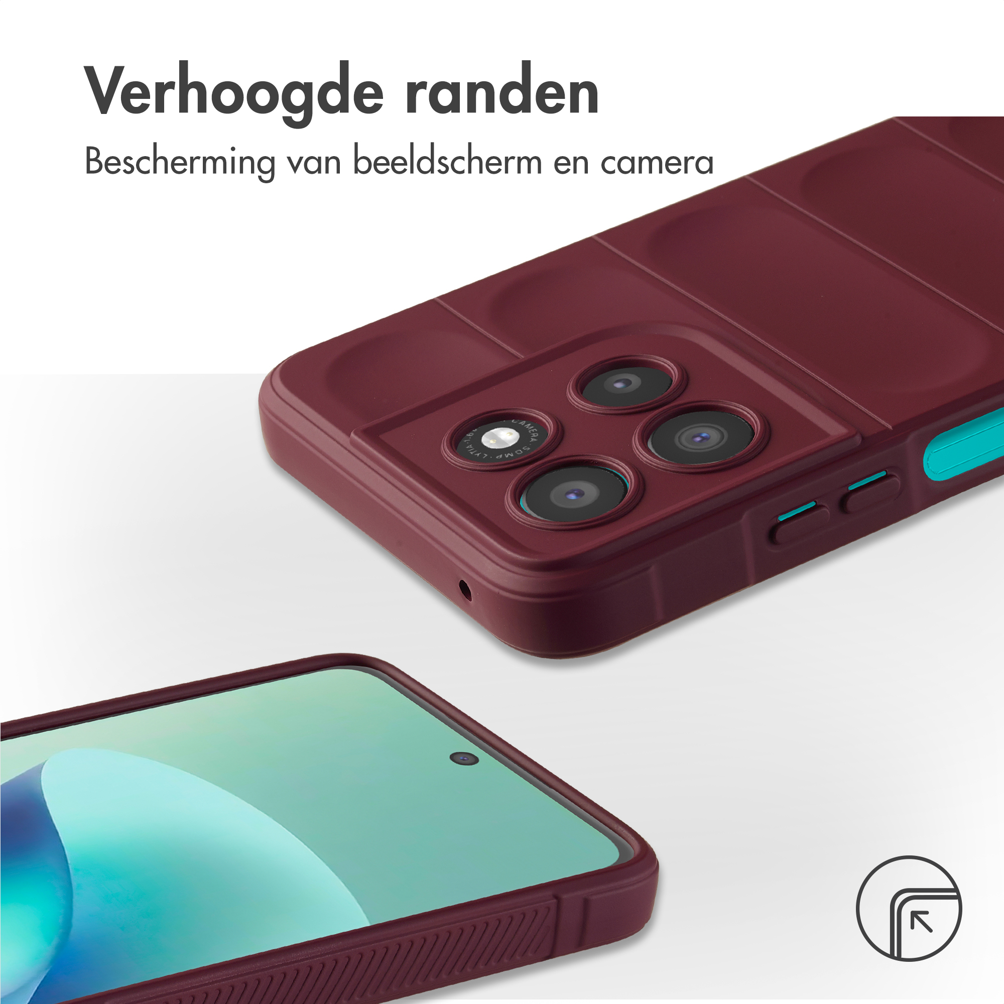 Wijnrode telefoonhoes met verhoogde randen voor camera en scherm.