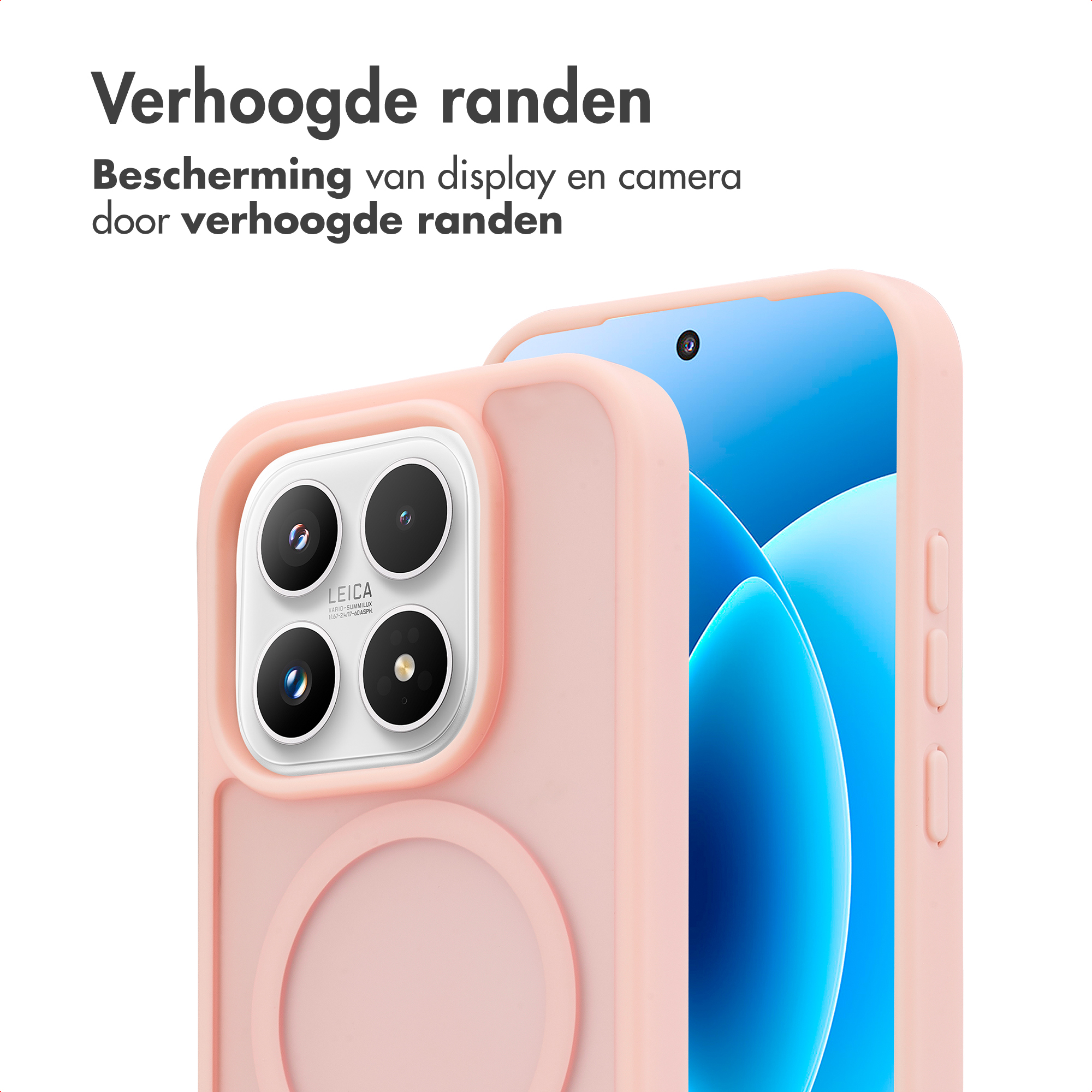 Une coque de téléphone rose à bords surélevés protège l'écran et l'appareil photo.