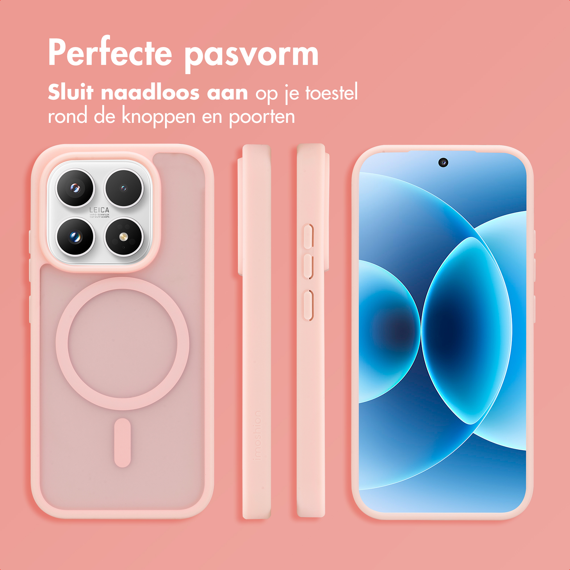 Coque rose avec découpe caméra et téléphone à vagues bleues.