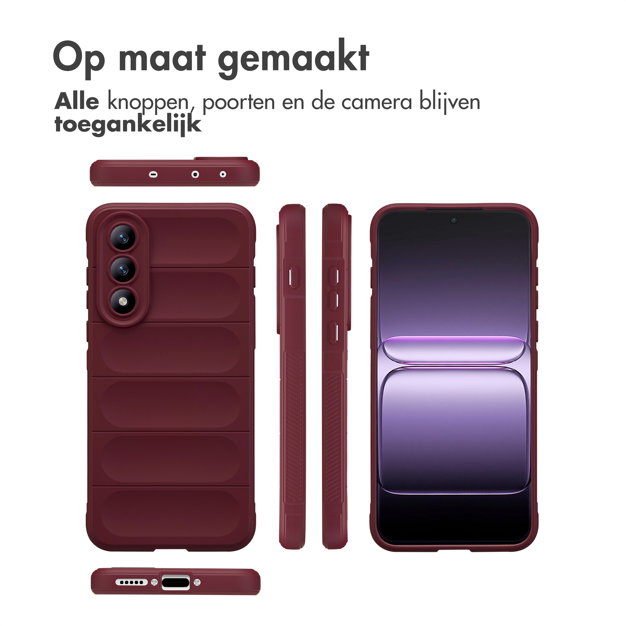 Drie weergaven van een bordeauxrode telefoonhoes met ribbels. Eén toont de achterkant met drie camera's.