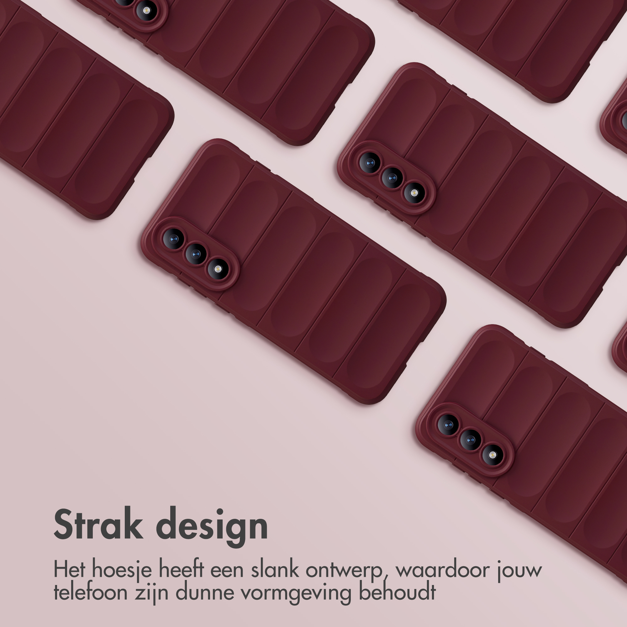 Meerdere donkerrode telefoonhoesjes met ribbeldesign en cameralenzen.