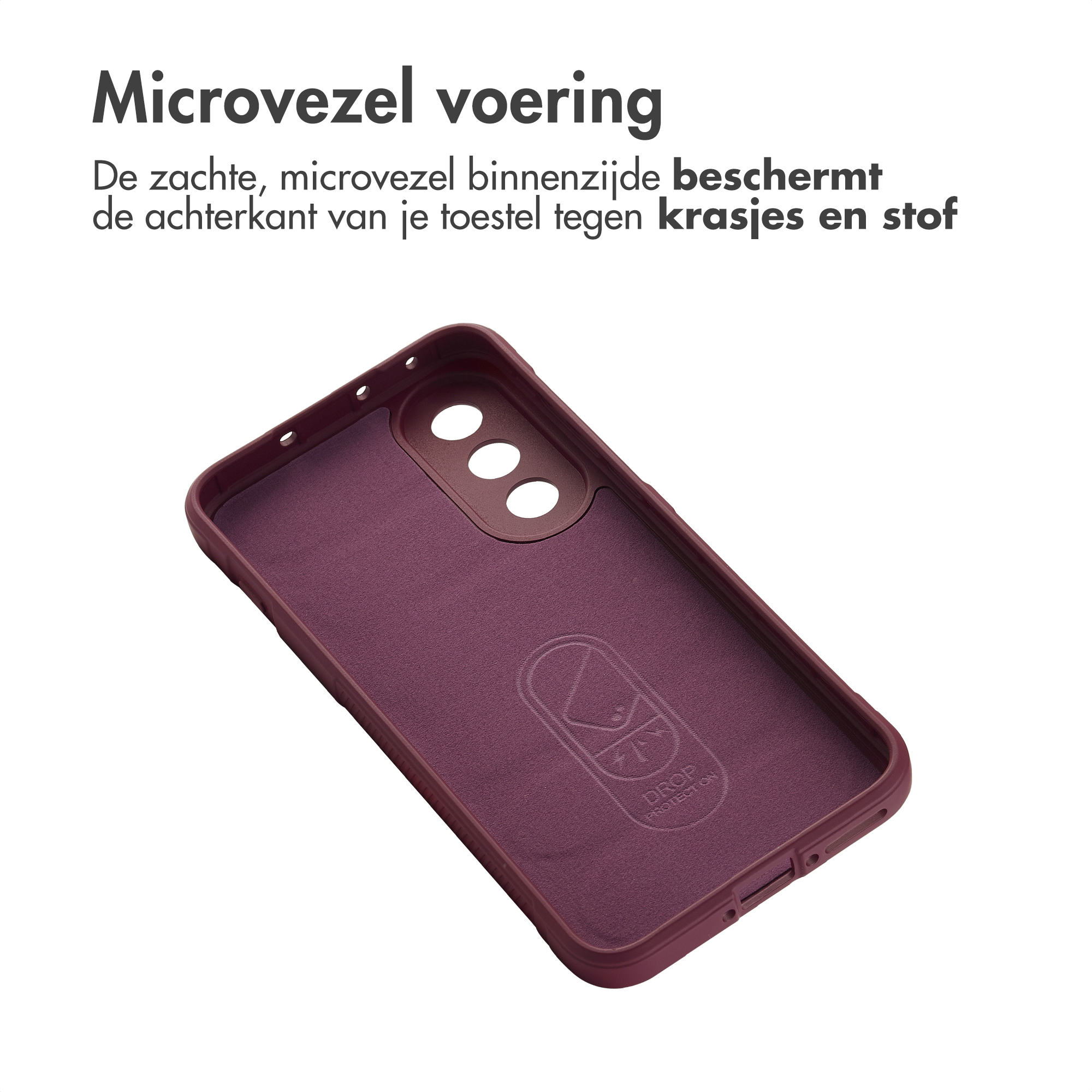 Donkerrode telefoonhoes met microvezel voering en uitsparingen voor camera en poorten.