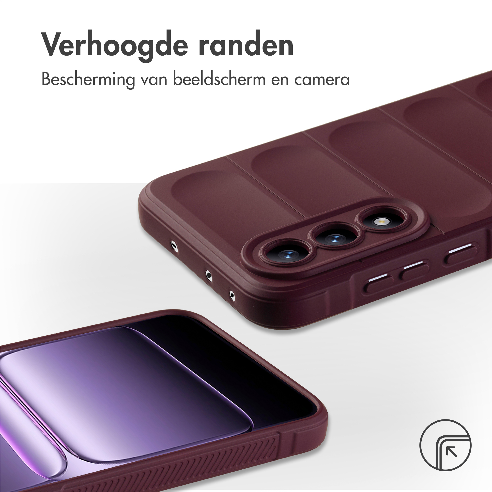 Wijnrode telefoonhoes met verhoogde randen ter bescherming van camera en scherm.