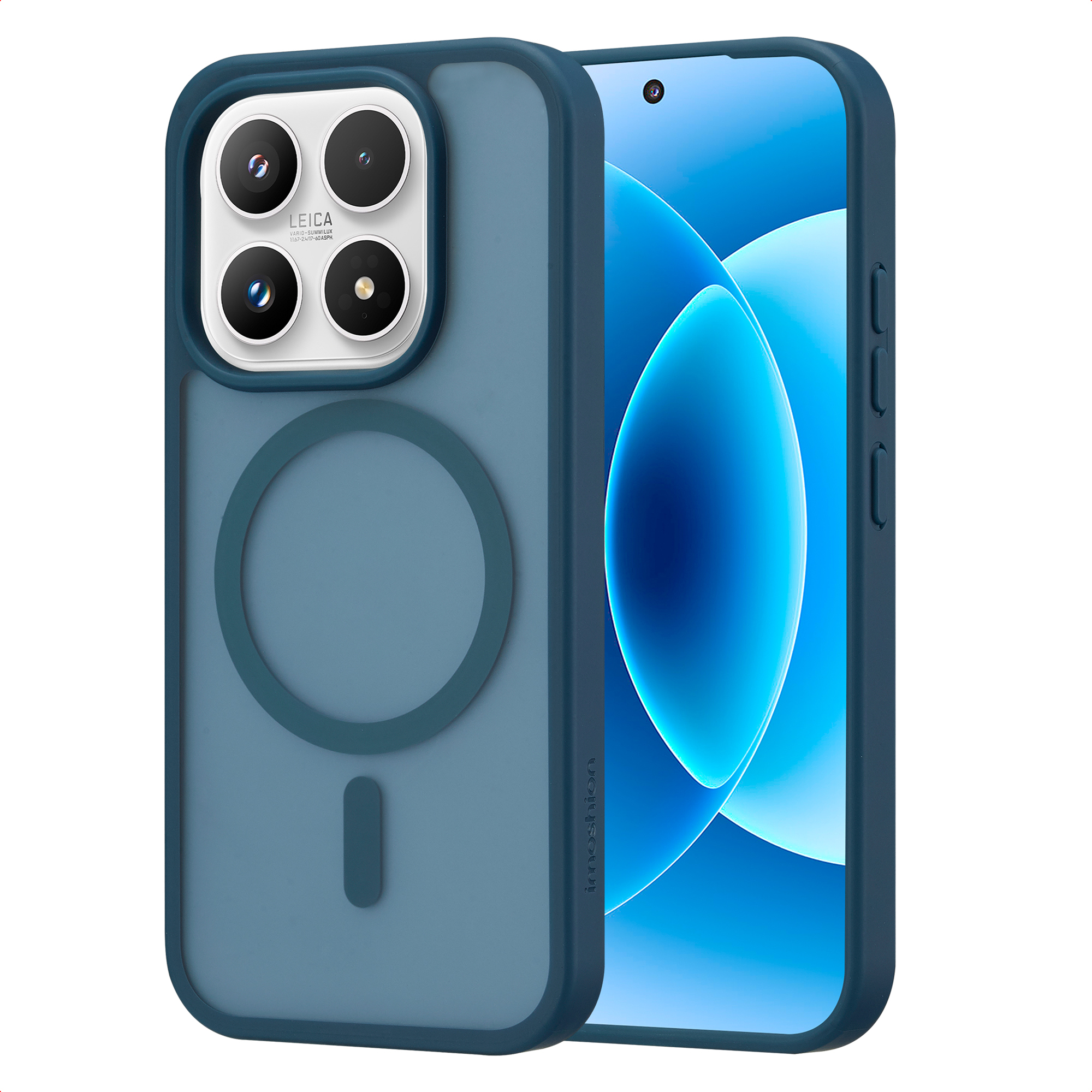 Une coque de téléphone bleue avec module caméra et anneau magnétique circulaire.