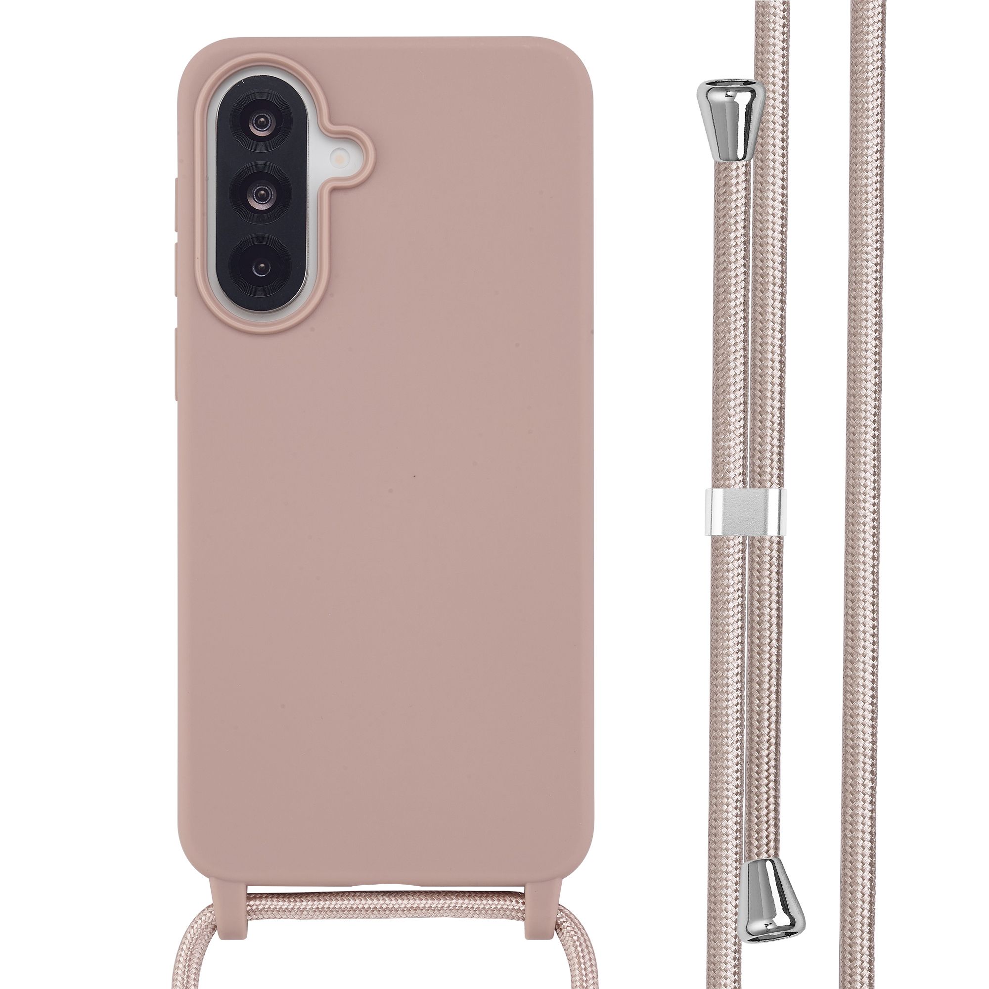 Een poederroze telefoonhoesje met drie cameralenzen en een koord.