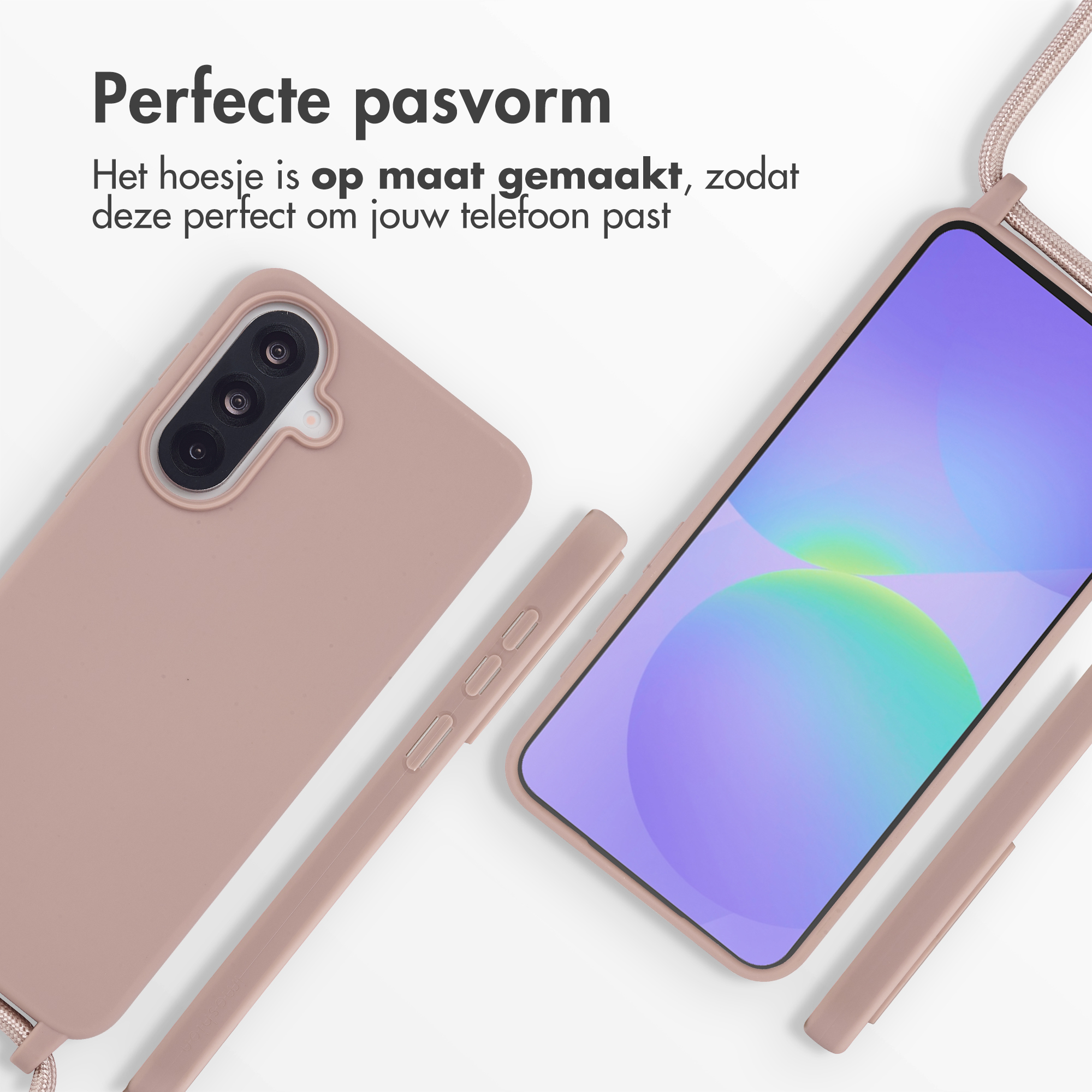 Een roze telefoonhoesje met een koord, naast een telefoon met paars scherm.