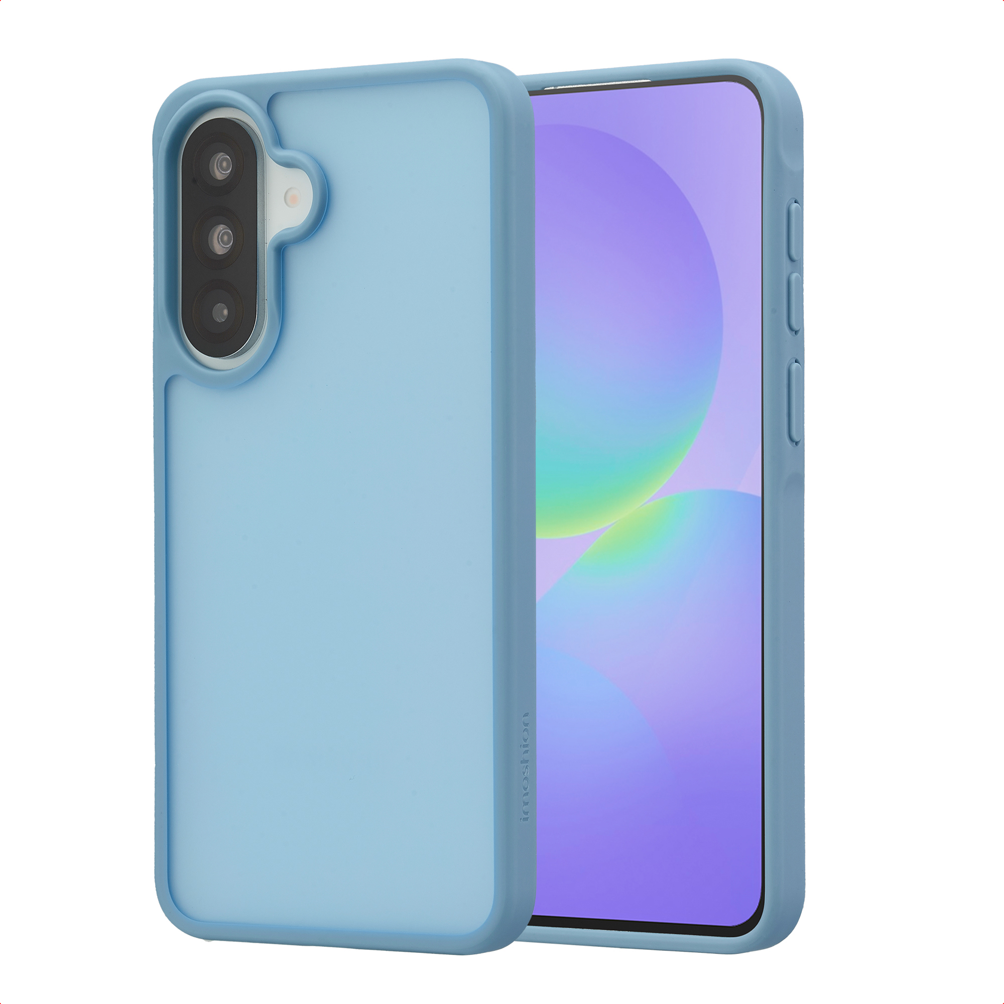Een lichtblauwe telefoonhoes bedekt een telefoon met drie zichtbare camera's.