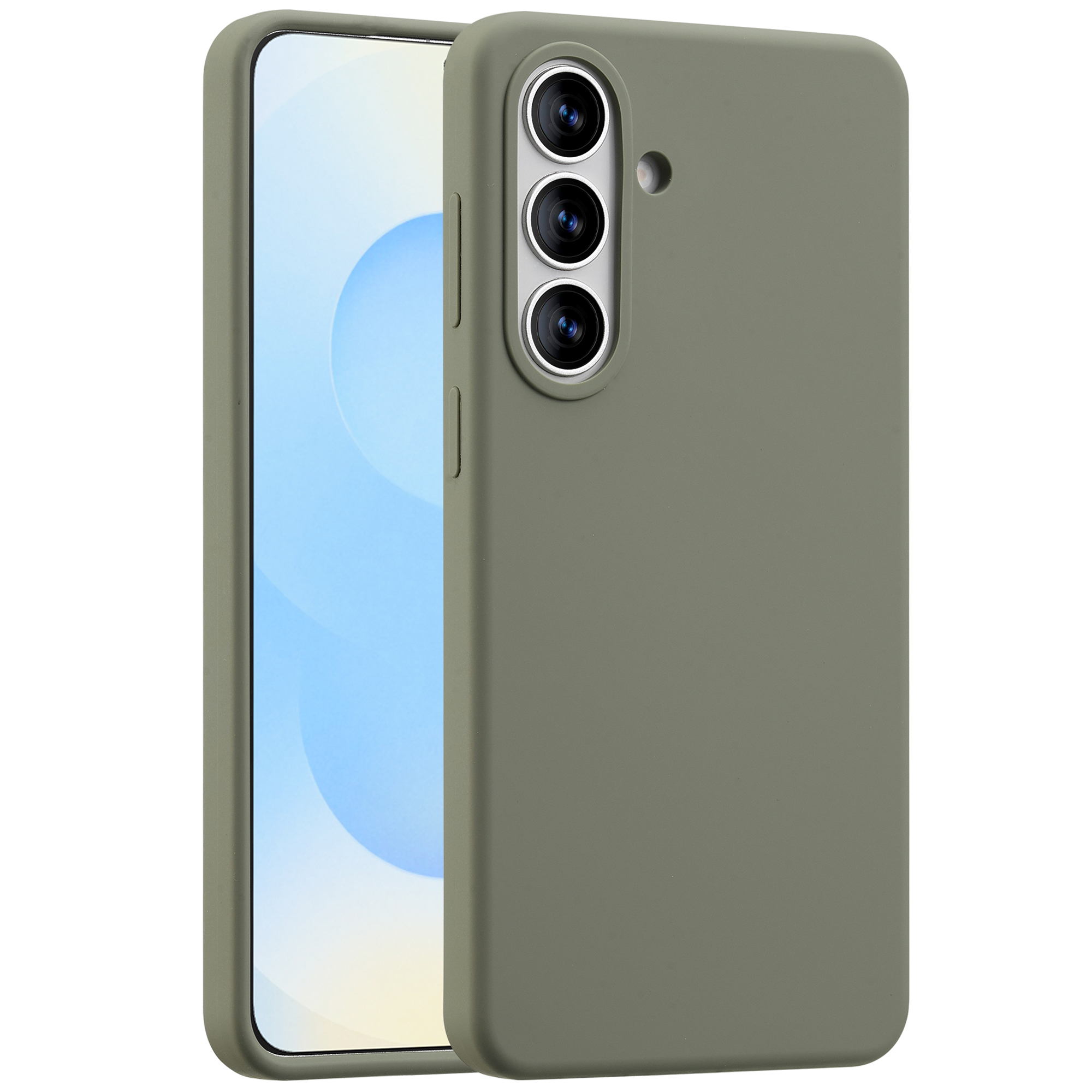 Een olijfgroene telefoonhoes met drie cameralensjes.