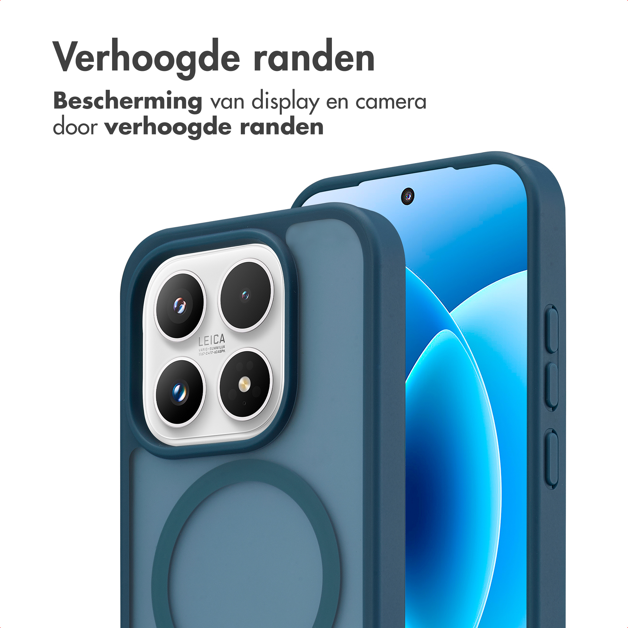 Une coque de téléphone bleue à bords surélevés protège l'appareil photo et l'écran.