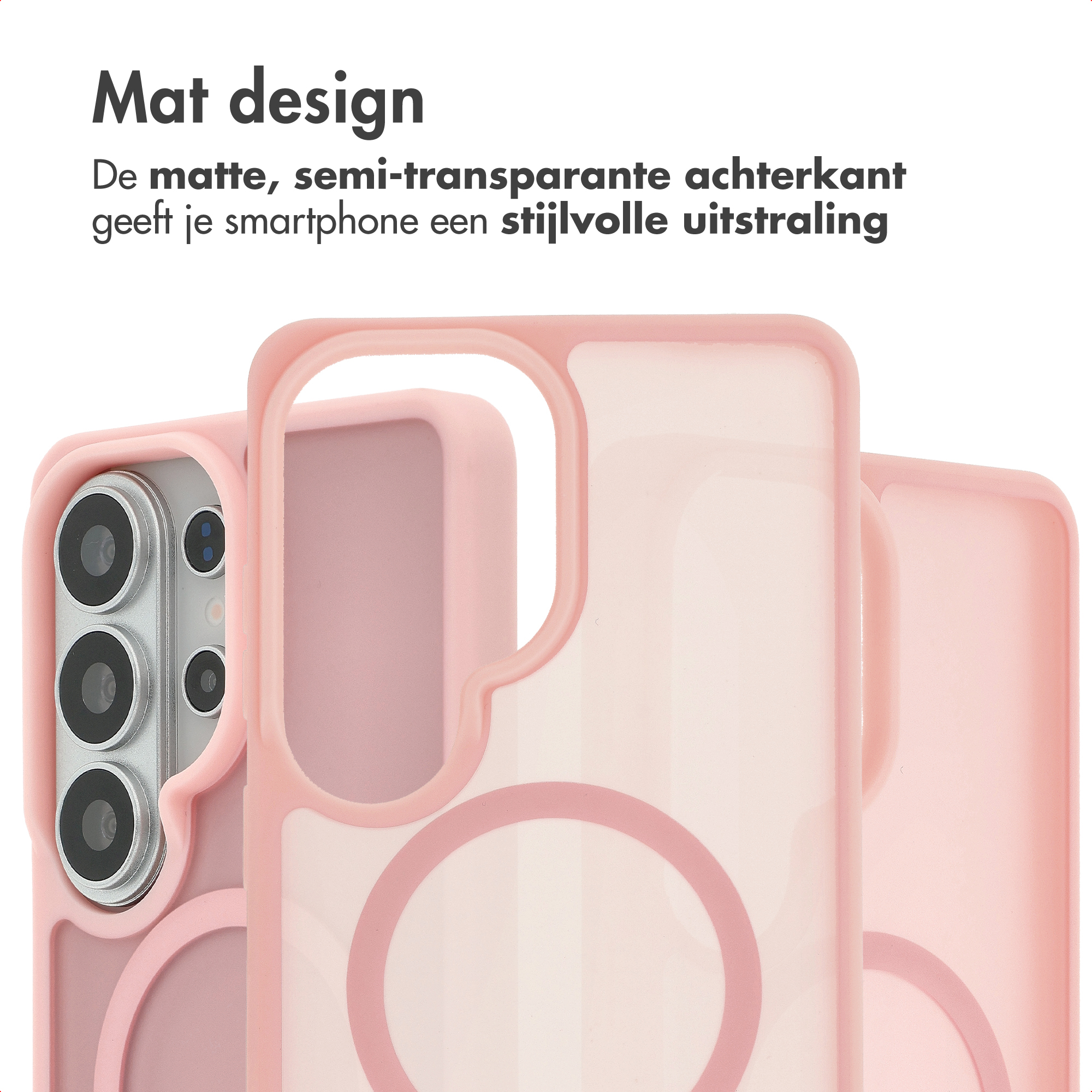 Een roze telefoonhoes met mat design. Close-up van de camera.