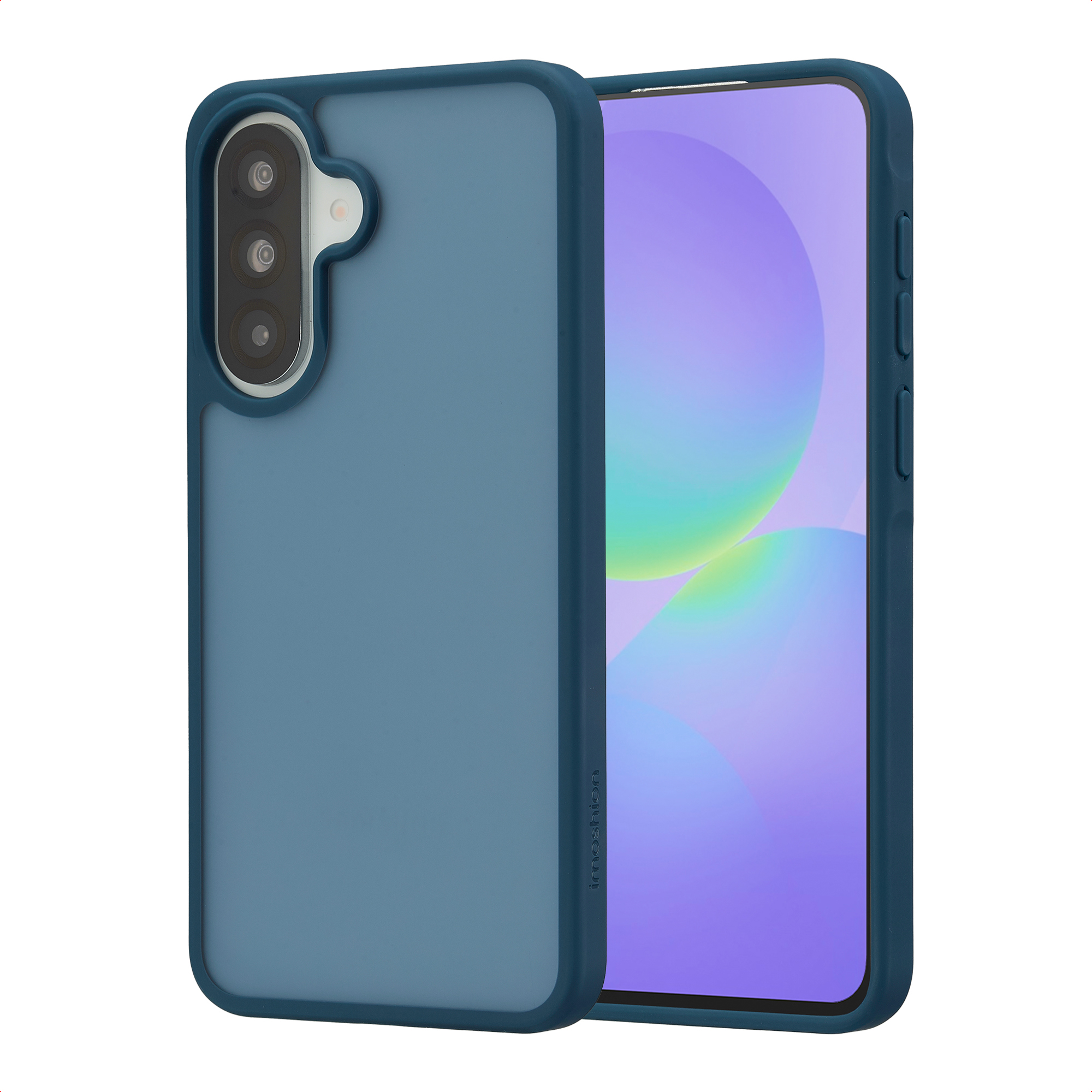 Coque de téléphone bleue avec triple caméra. Un smartphone est visible sur le côté droit.