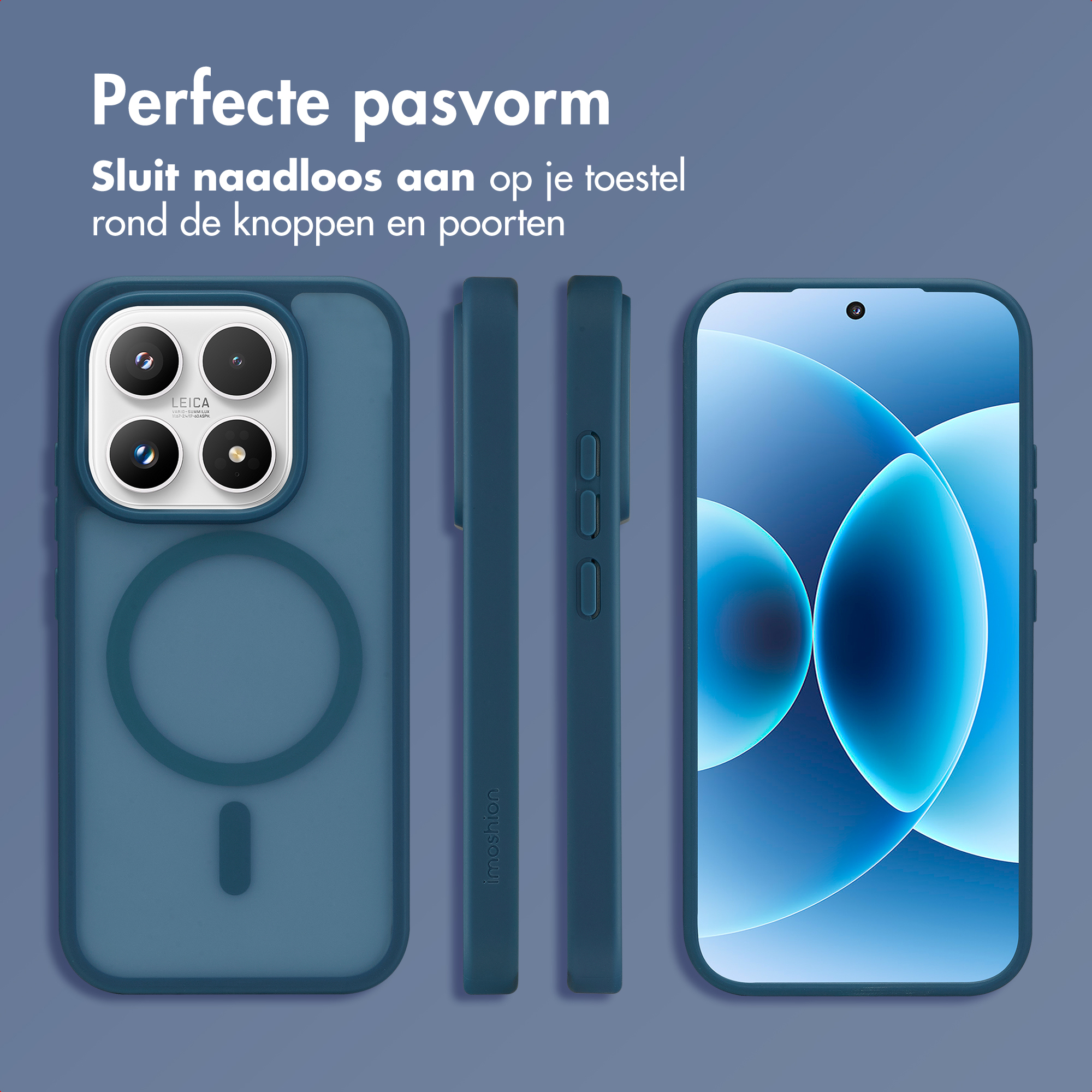 Coque de téléphone bleue vue arrière, latérale et avant avec écran. Ajustement parfait.