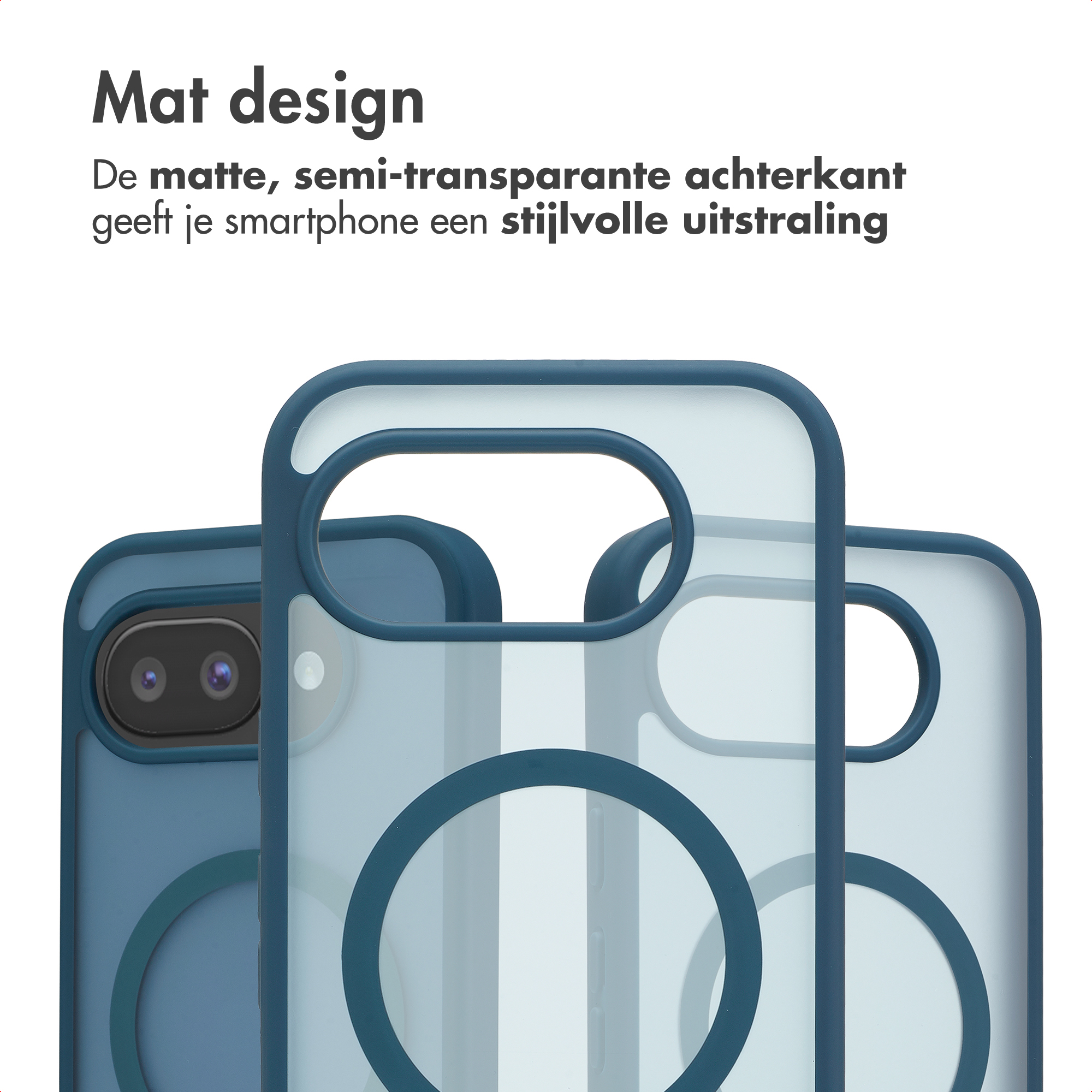 Drie matte, semi-transparante blauwe telefoonhoesjes met cirkelmotief.