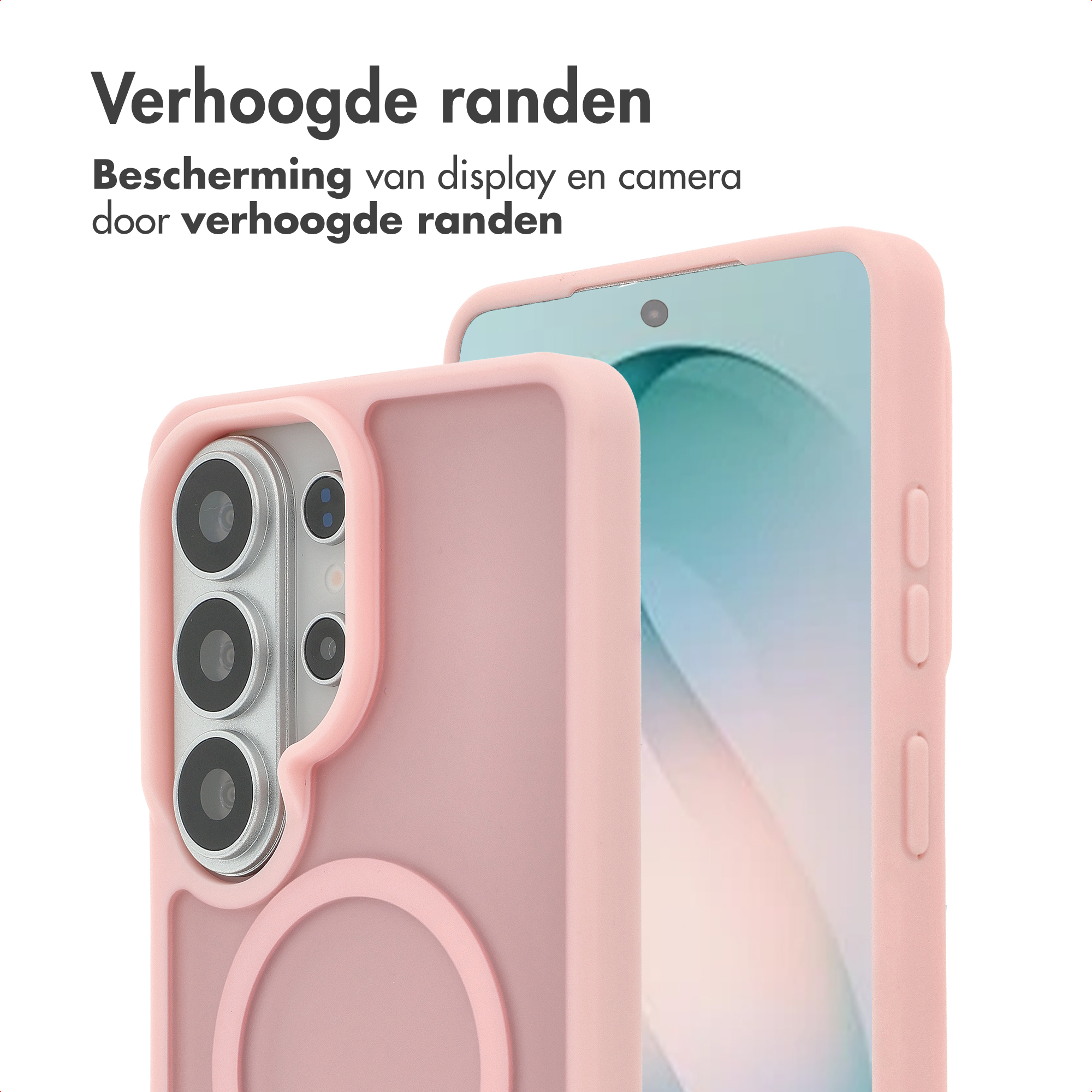 Een roze telefoonhoes met verhoogde randen beschermt camera en display.