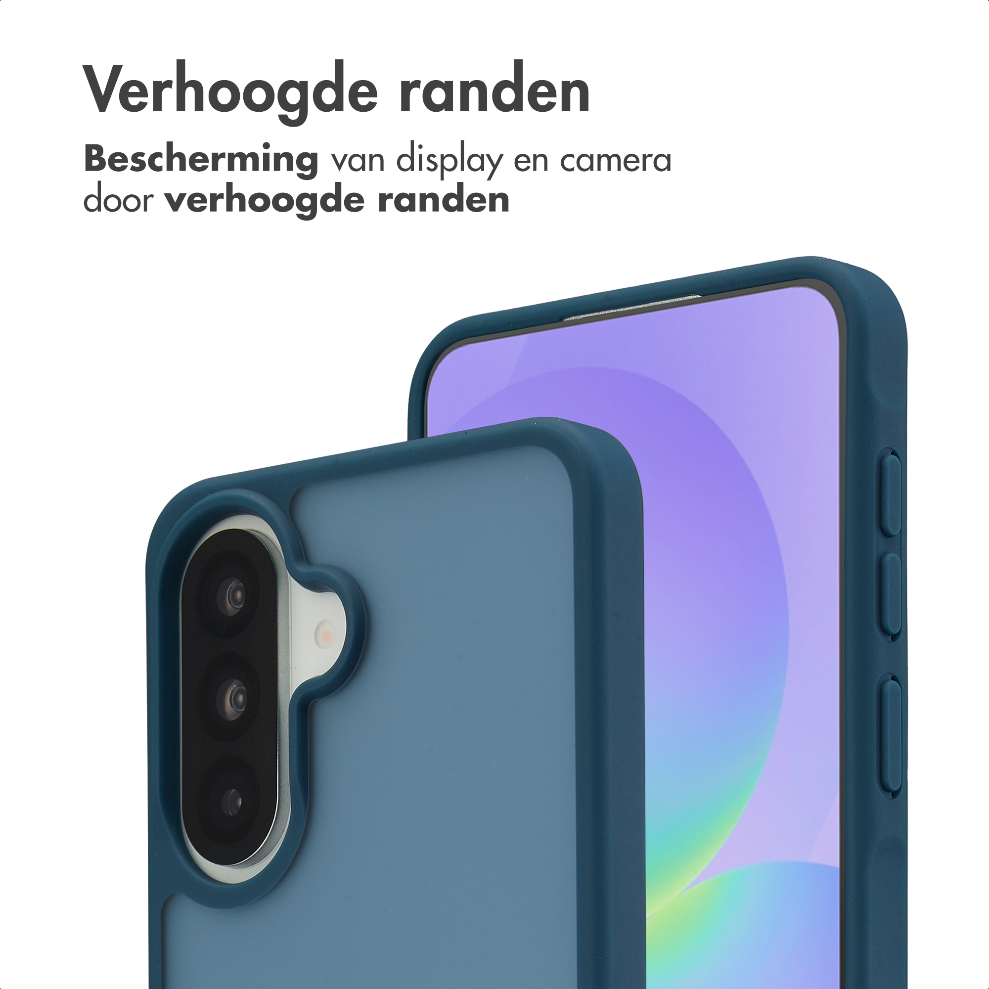 Coque de téléphone bleue avec bords surélevés pour protéger écran et appareil photo.