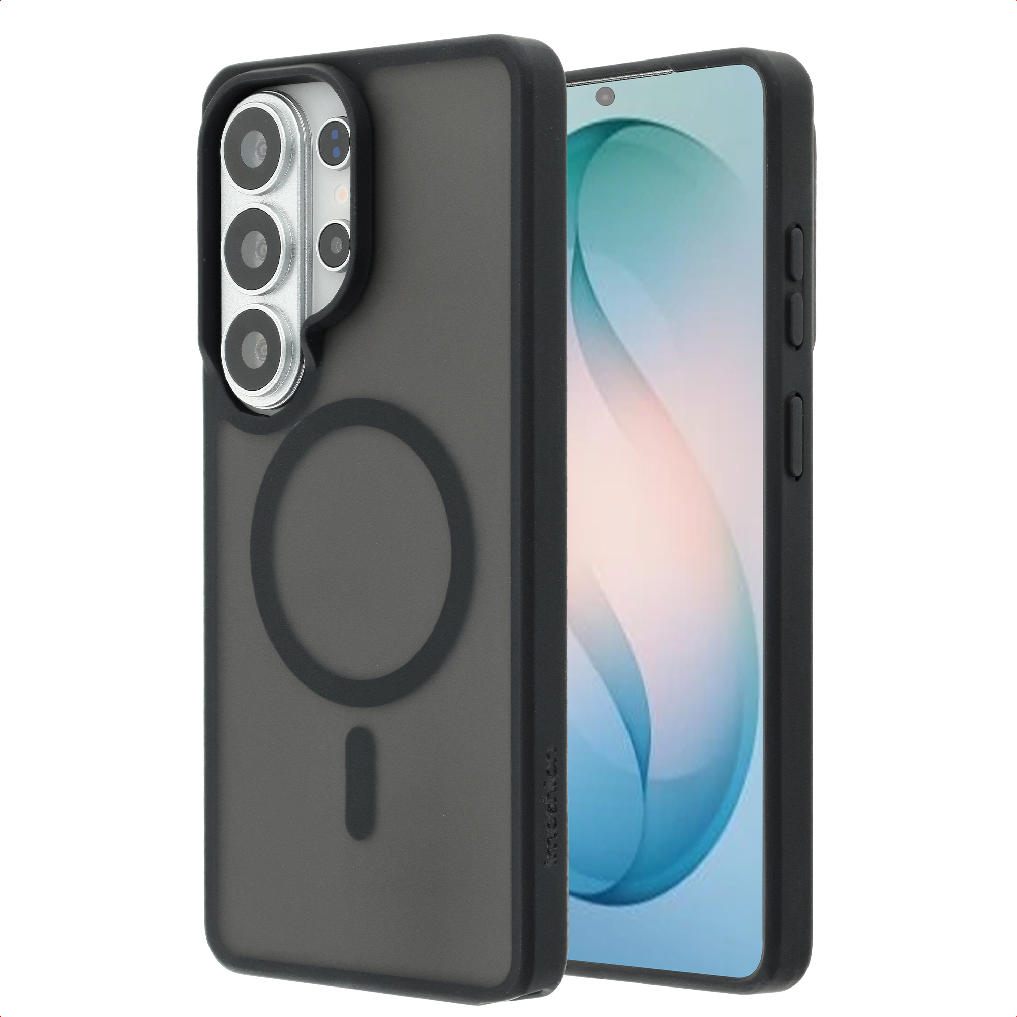 Een zwarte smartphone met een transparante hoes, die de camera's toont.