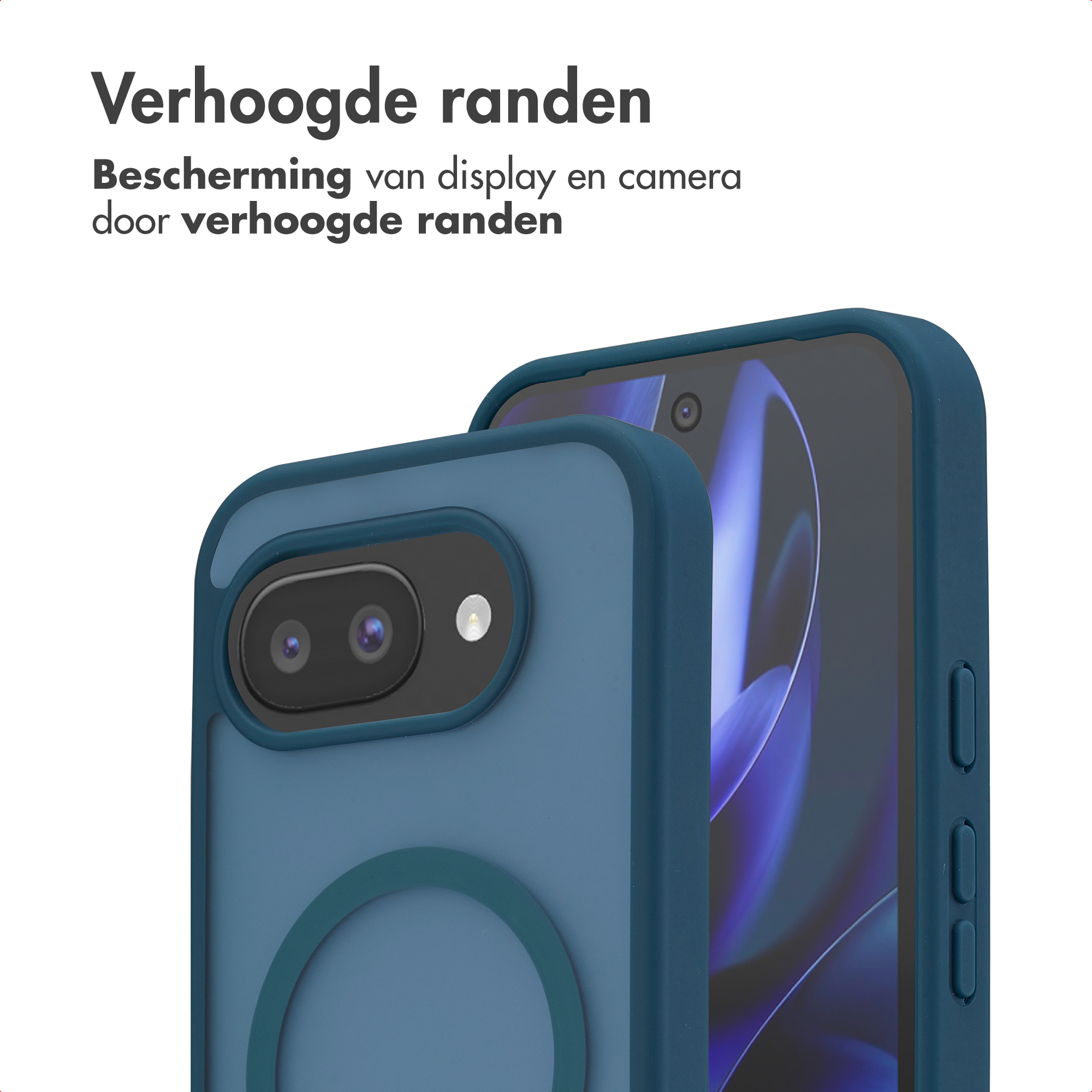 Blauw telefoonhoesje met verhoogde randen beschermt camera en scherm.