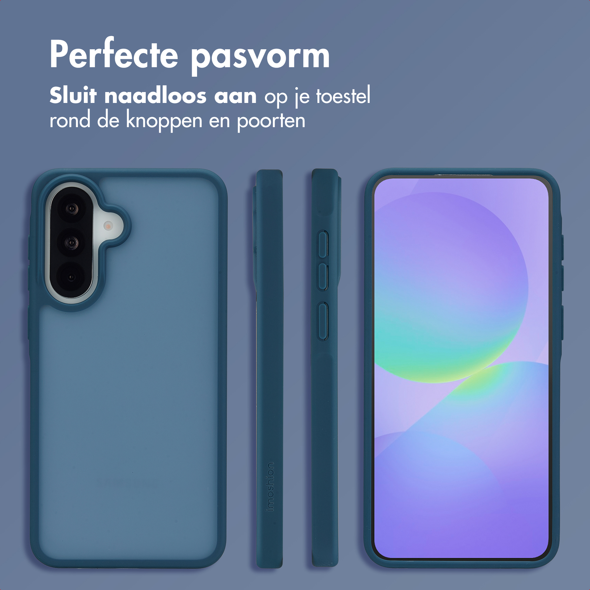 Coque de téléphone bleue montrant l'arrière, le côté et l'avant d'un smartphone.