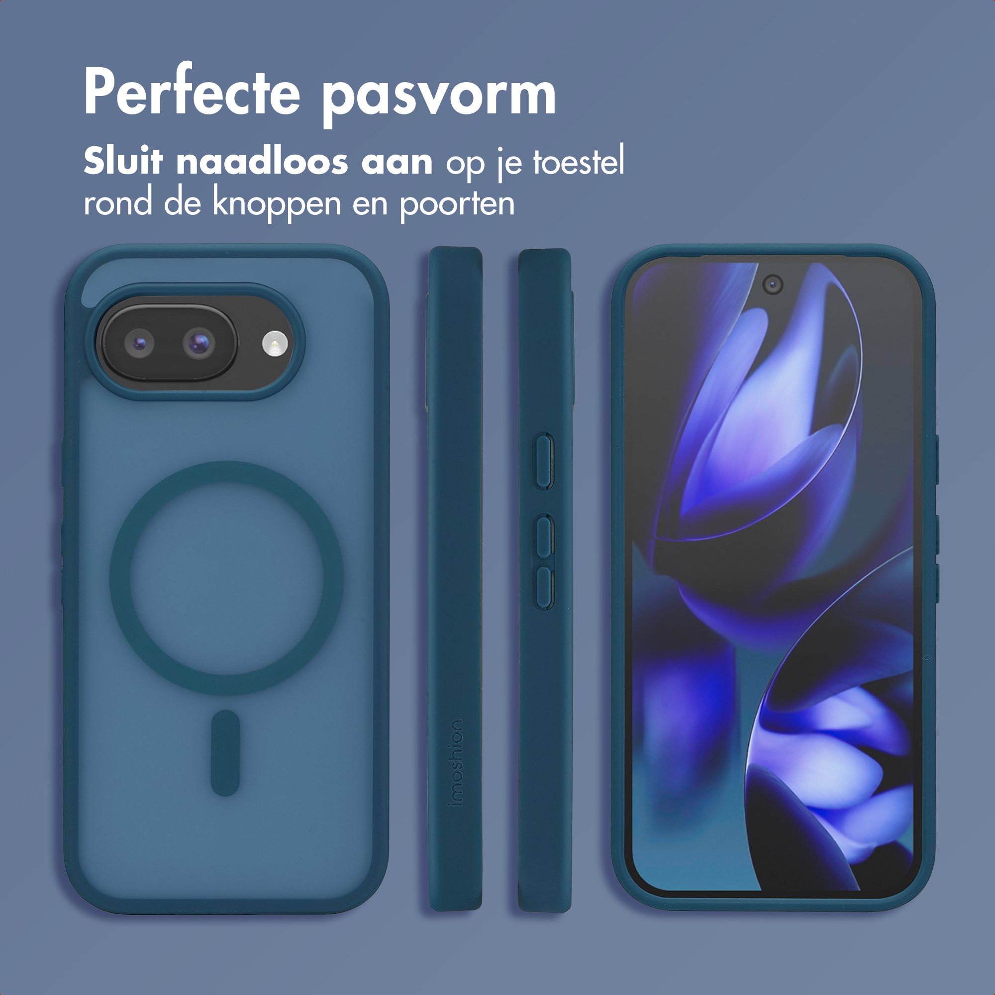 Blauw telefoonhoesje met magneetring en drie weergaven.