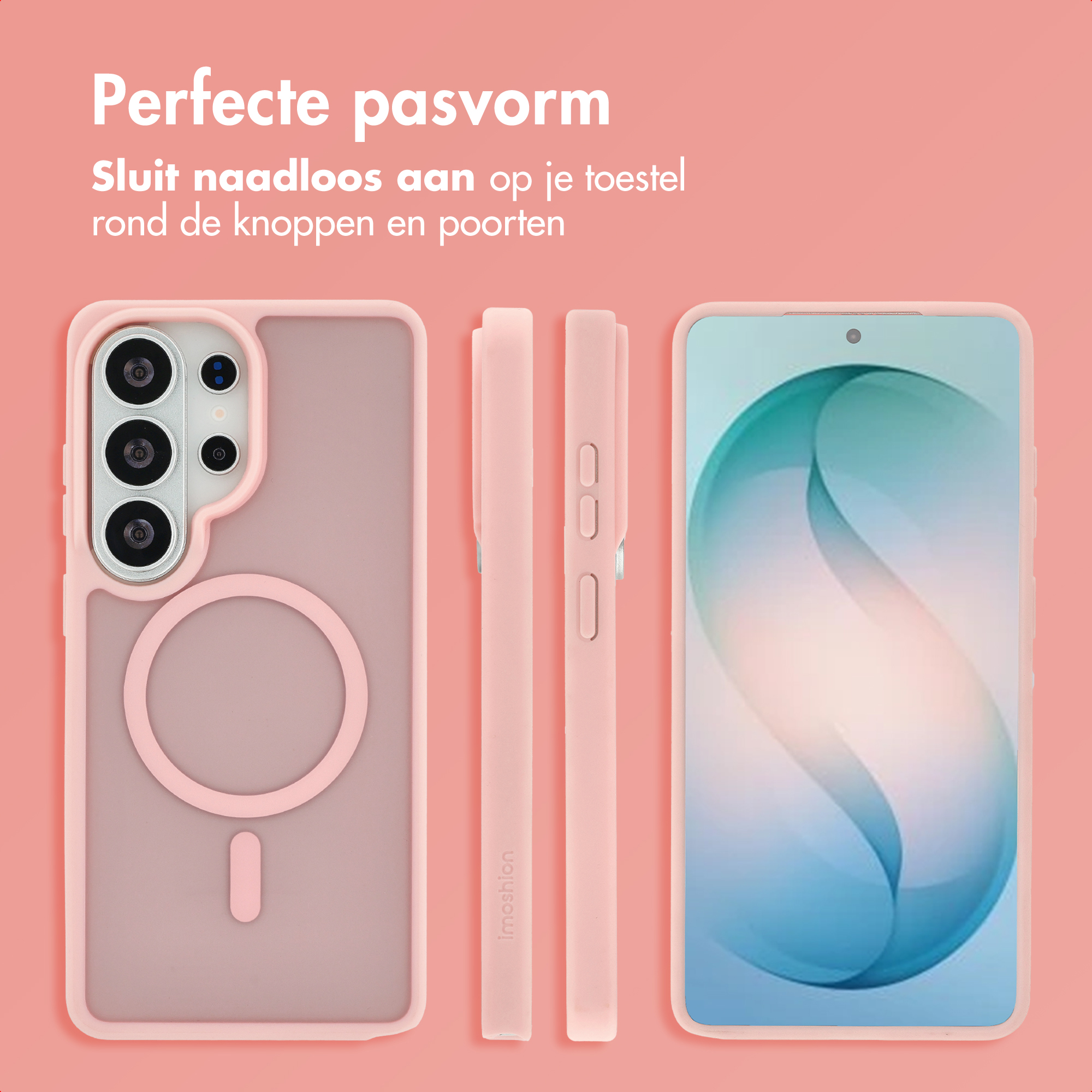 Roze telefoonhoesje getoond van achteren, zijkant en voorkant.