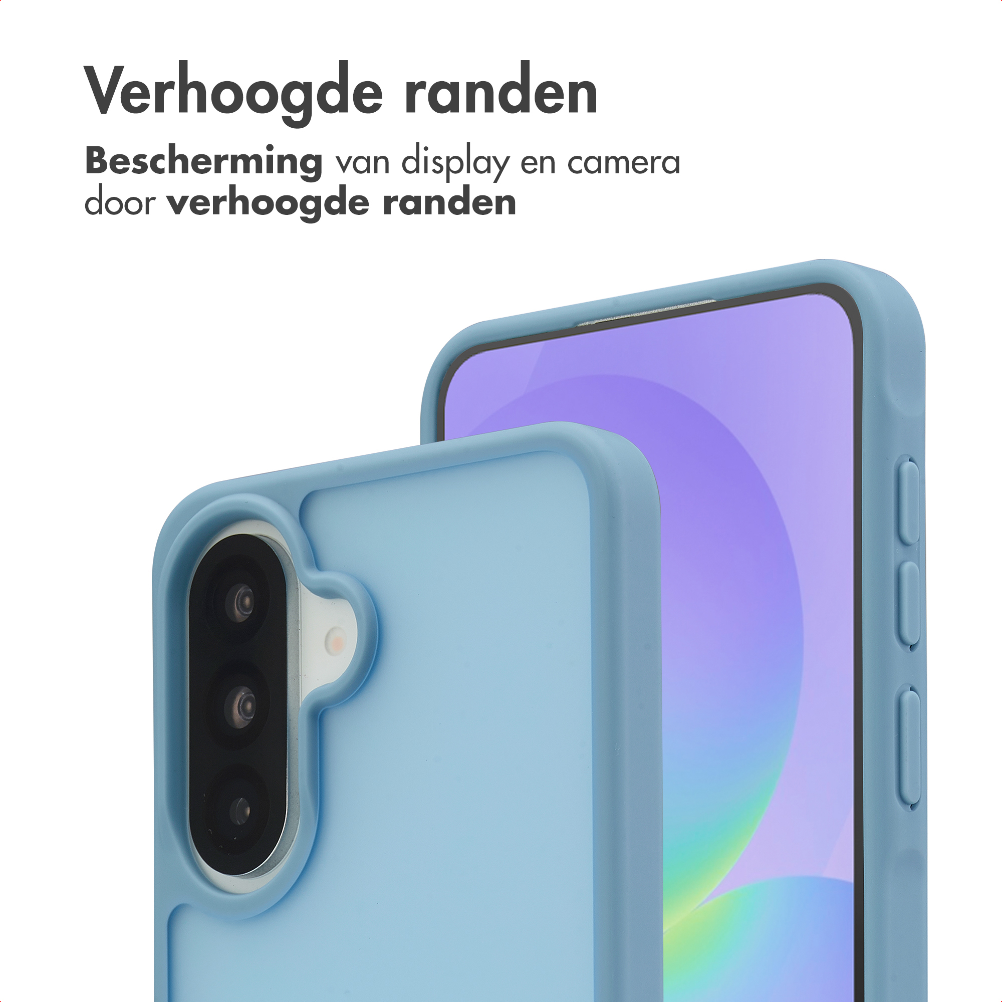 Lichtblauwe telefoonhoes met verhoogde randen beschermt camera en display.