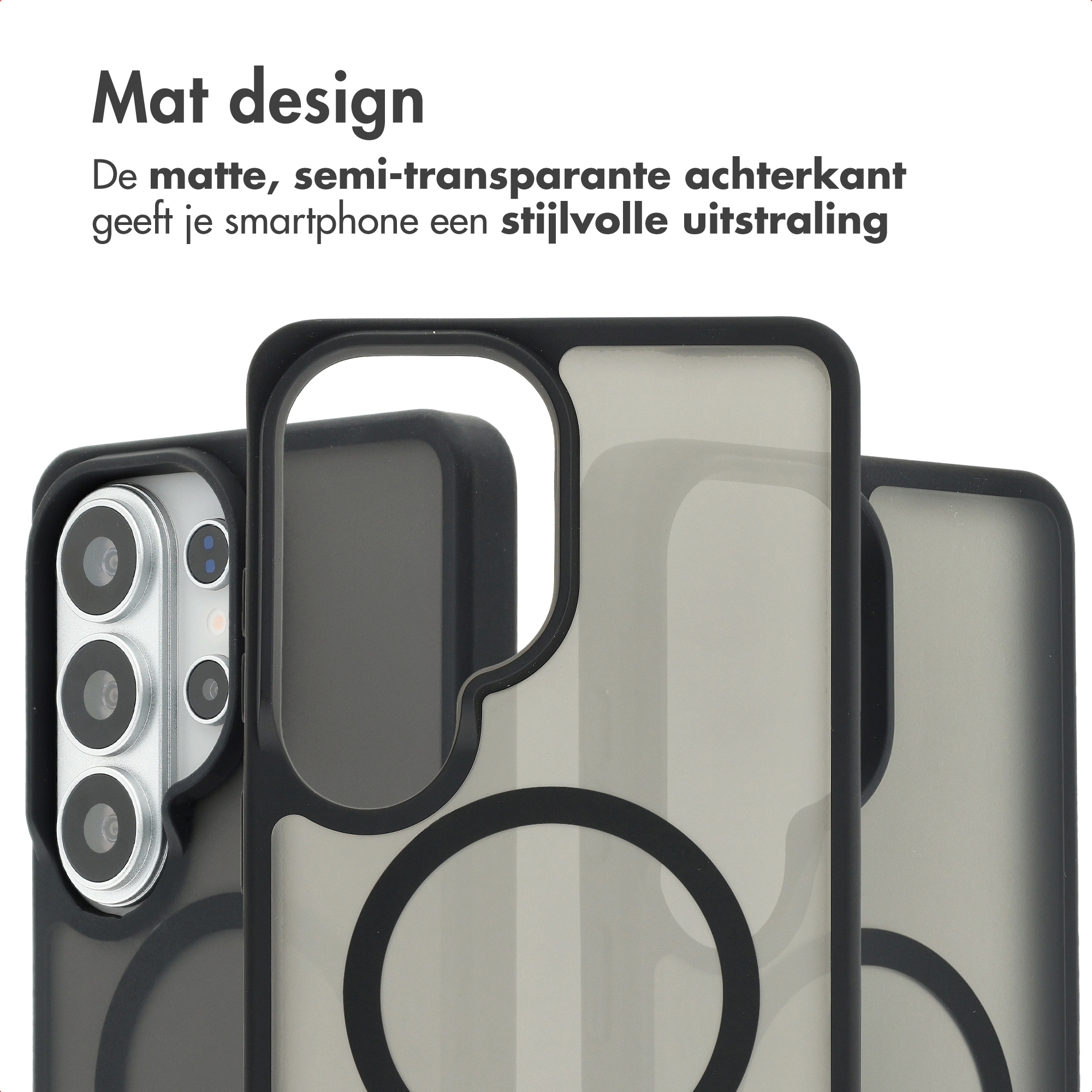Drie zwarte telefoonhoesjes met mat-transparante achterkant en camera-eiland.
