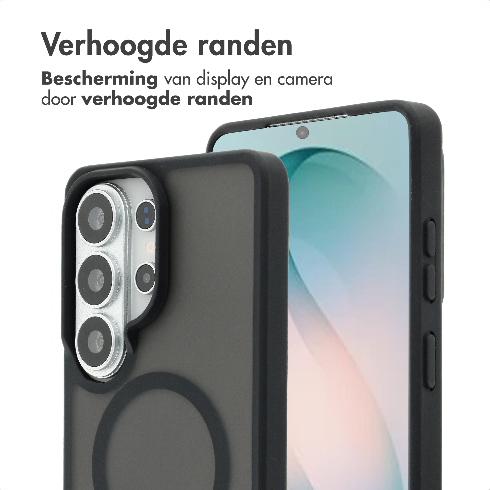 Zwarte telefoonhoes met verhoogde randen beschermt camera en scherm.