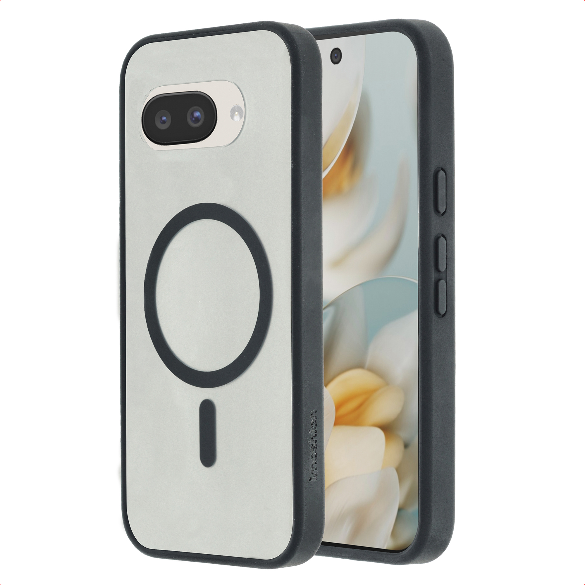 Een slanke smartphone met een lichtgekleurde hoes en een cirkelvormige magneetring.