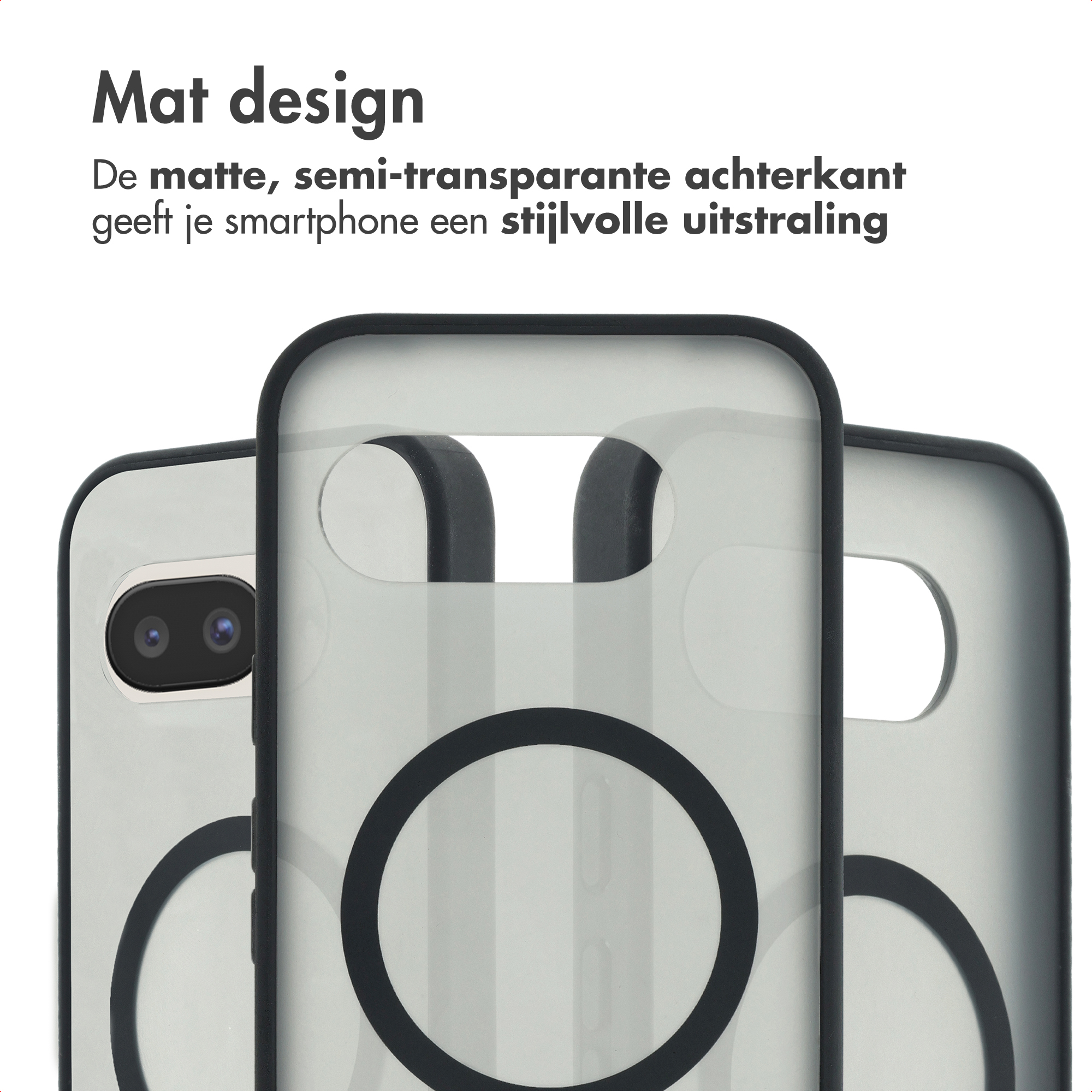 Matte, semi-transparante telefoonhoesjes met zwarte randen en cirkels.
