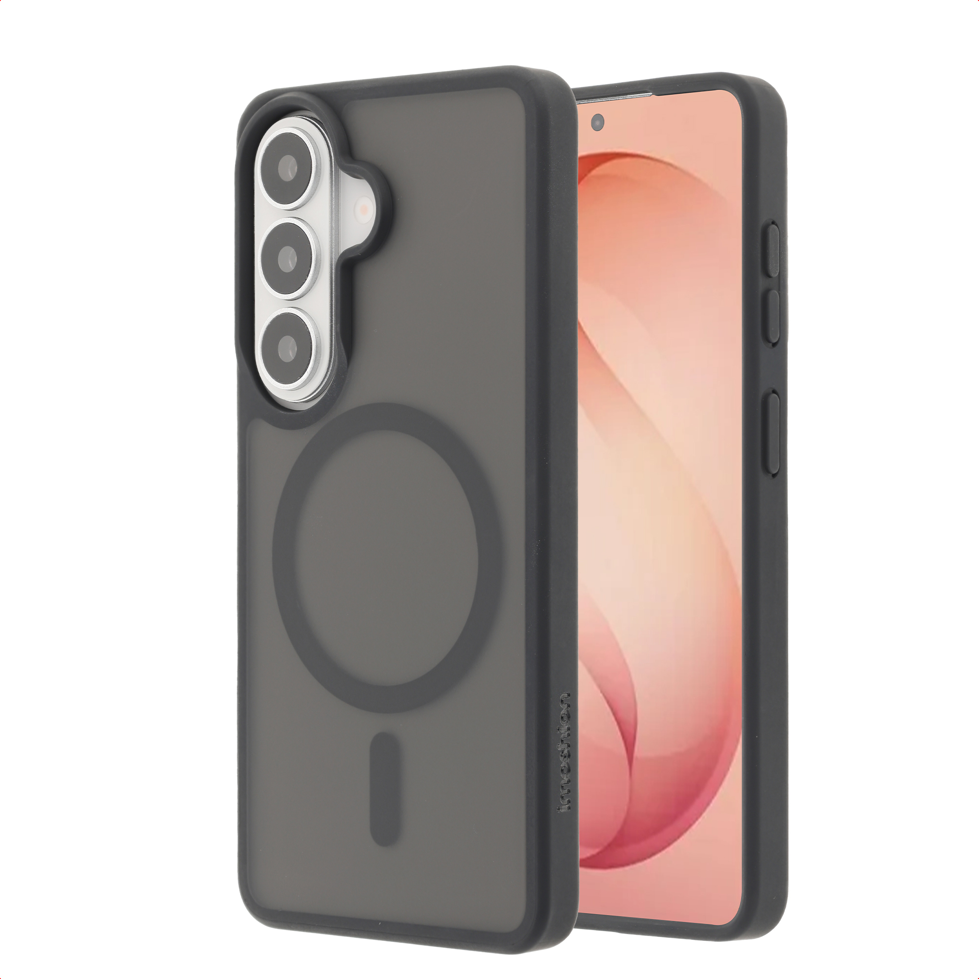 Een donkere telefoon met een zwarte hoes, met drie camera's aan de achterkant.