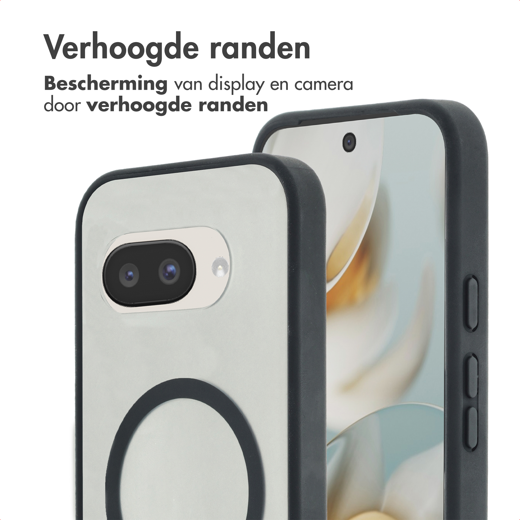 Een zwarte telefoonhoes met verhoogde randen beschermt display en camera.