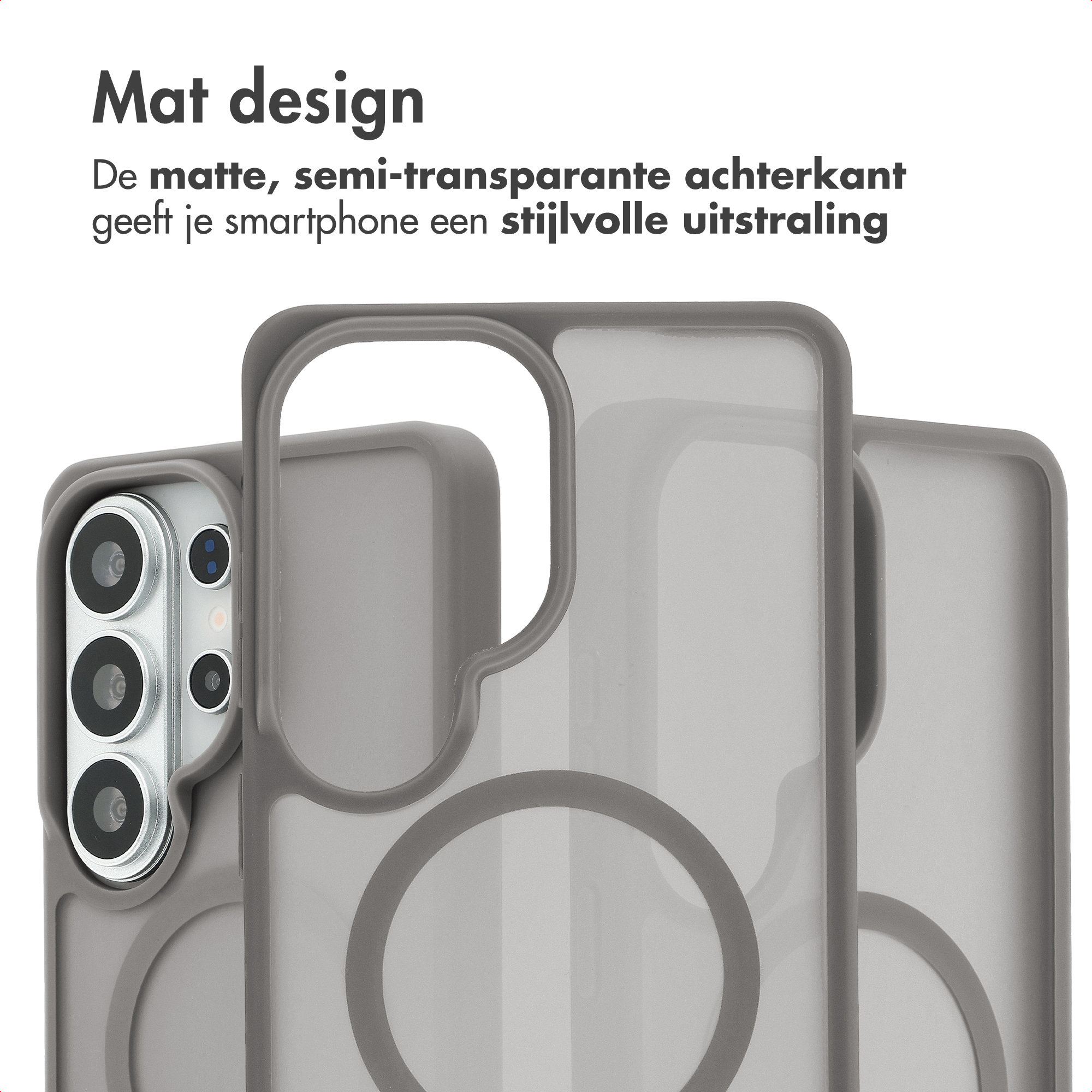 Grijze telefoonhoes met mat oppervlak en camera-uitsparing.