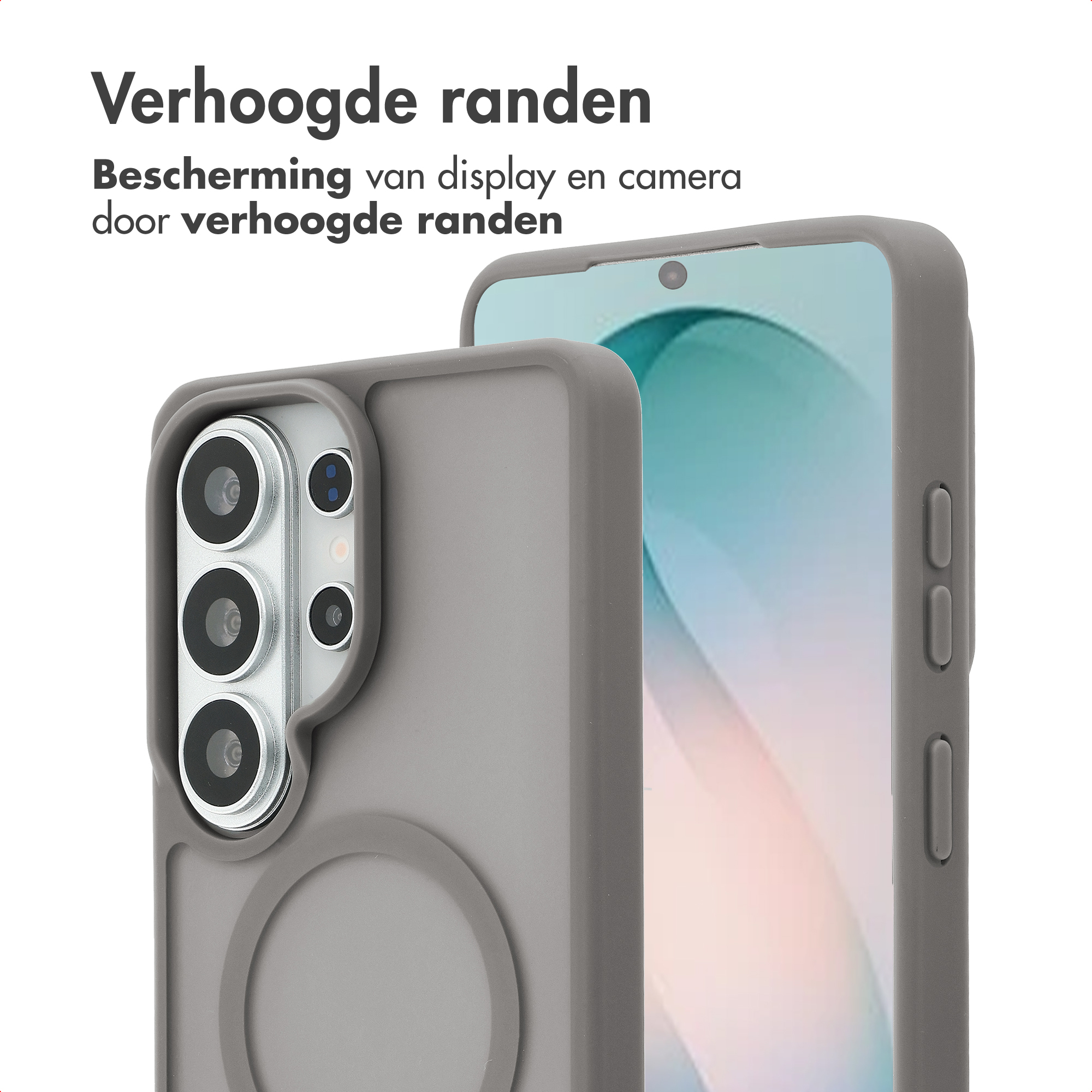 Grijze telefoonhoes met verhoogde randen beschermt camera en scherm.