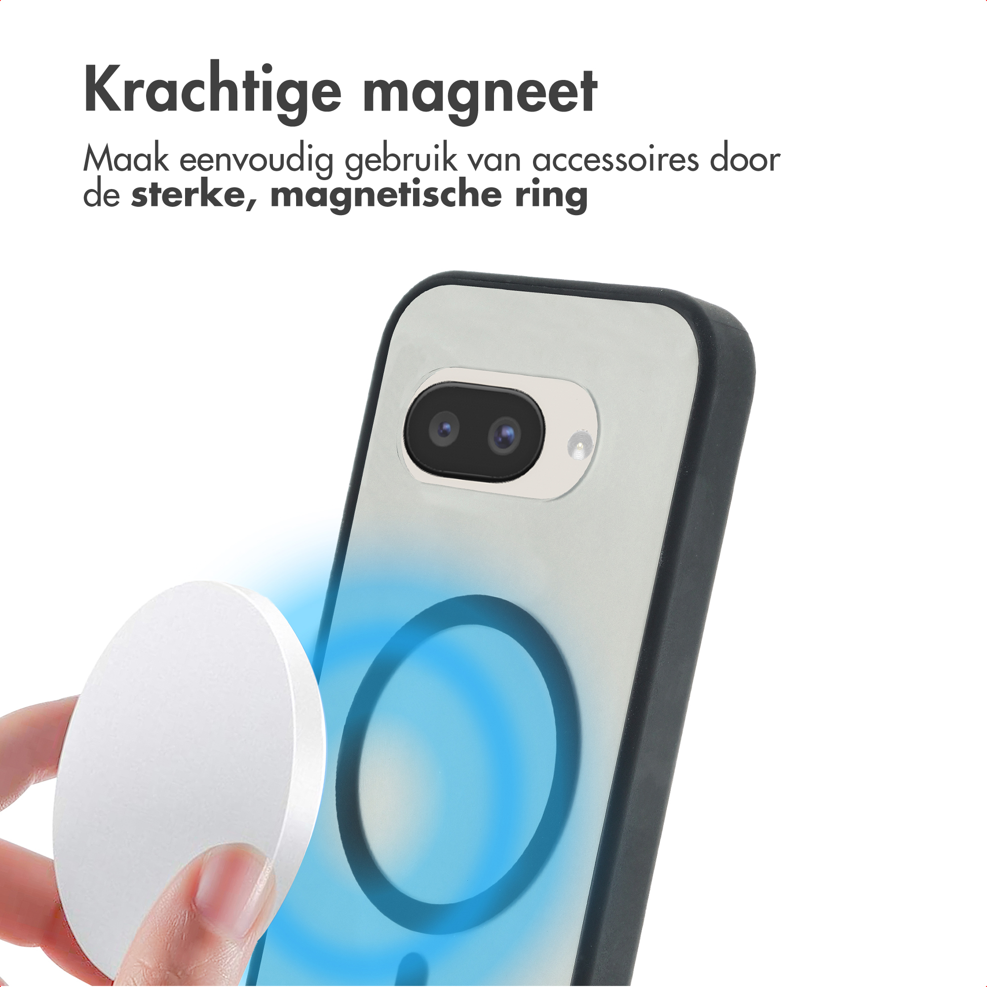 Een witte magneet wordt bevestigd aan een telefoon met magneetring.