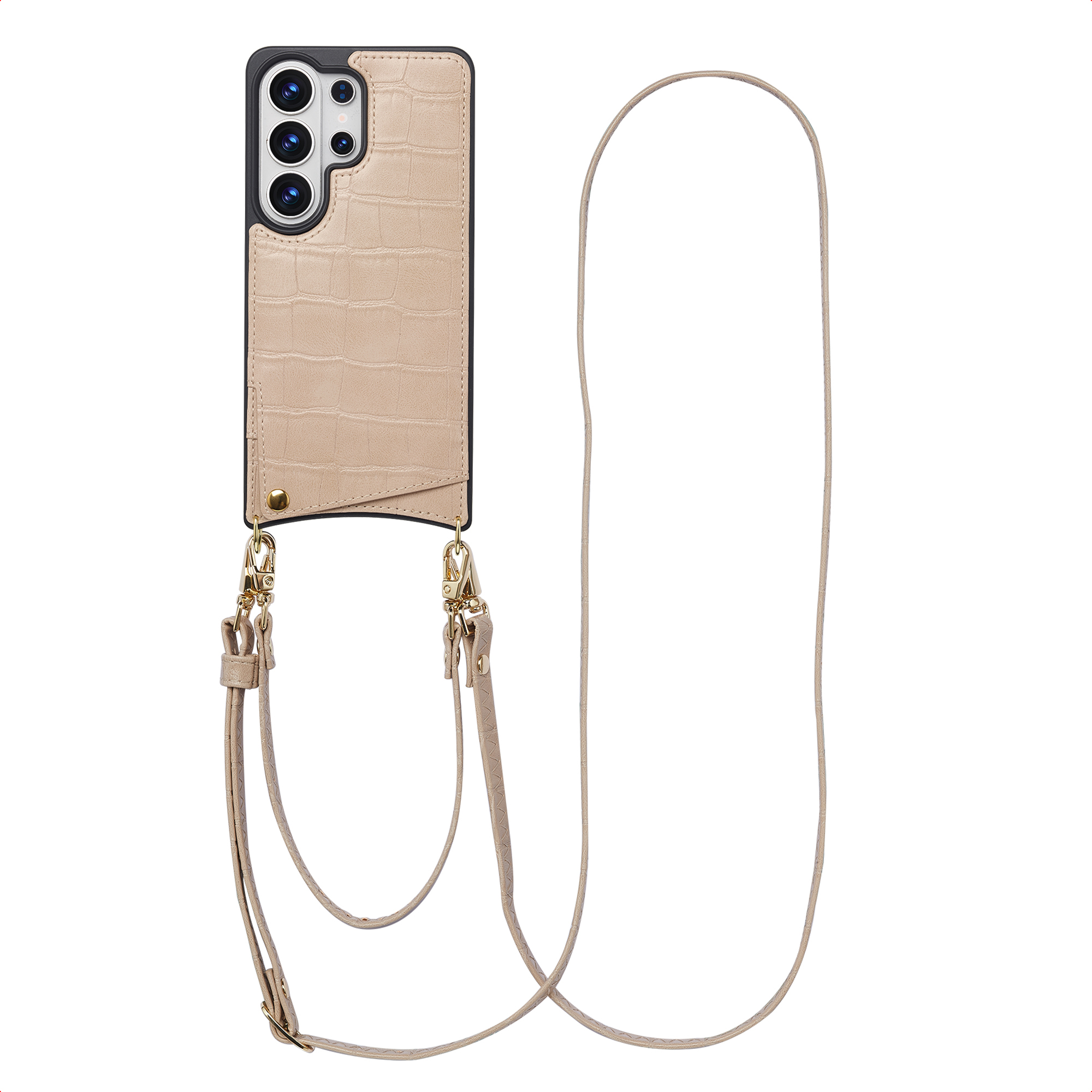 Une coque de téléphone beige texturée crocodile avec une longue lanière dorée.