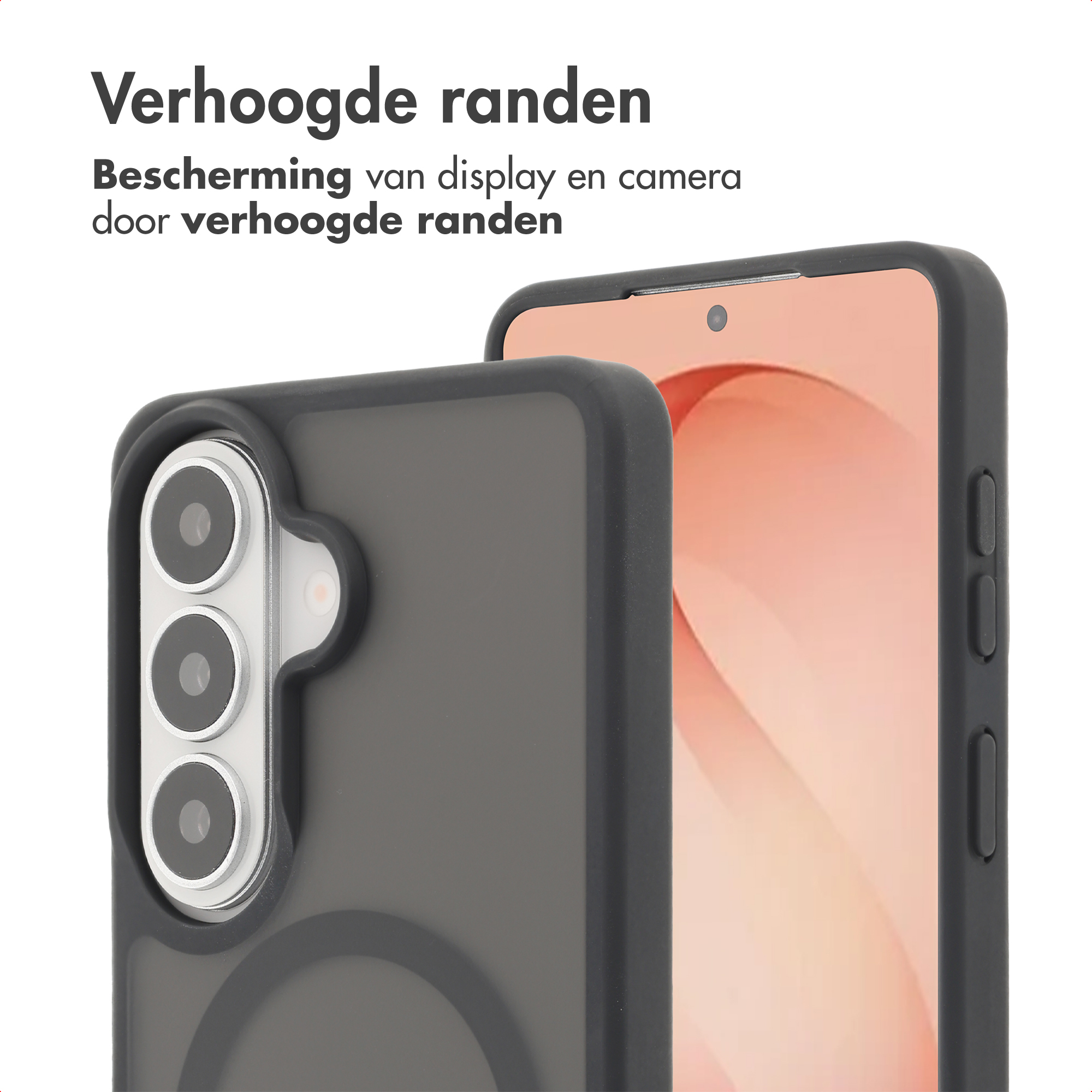 Close-up van een zwarte telefoonhoes met verhoogde randen, die een deel van de telefoon toont.