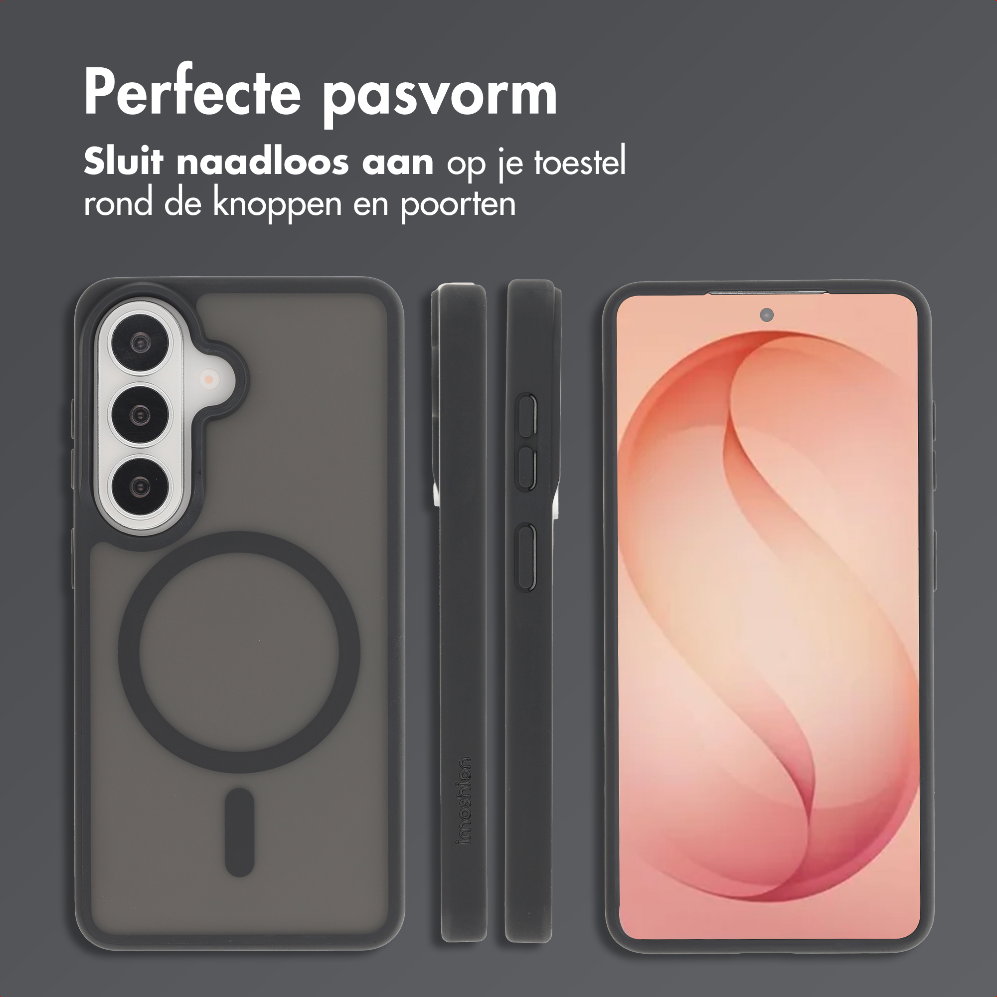 Drie weergaven van een donkere telefoonhoes en een telefoon met roze achtergrond.